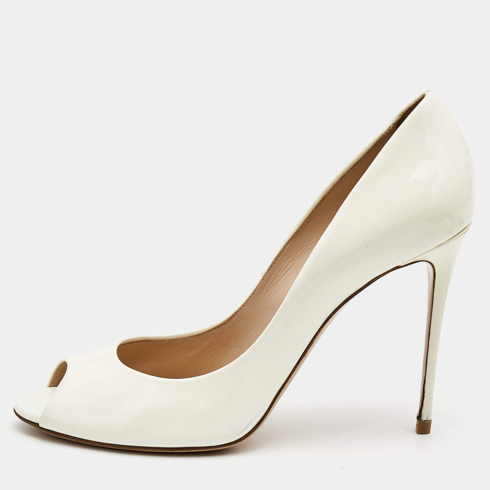 Pre Owned Casadei White Patent Leather Peep Toe Pumps Size 40