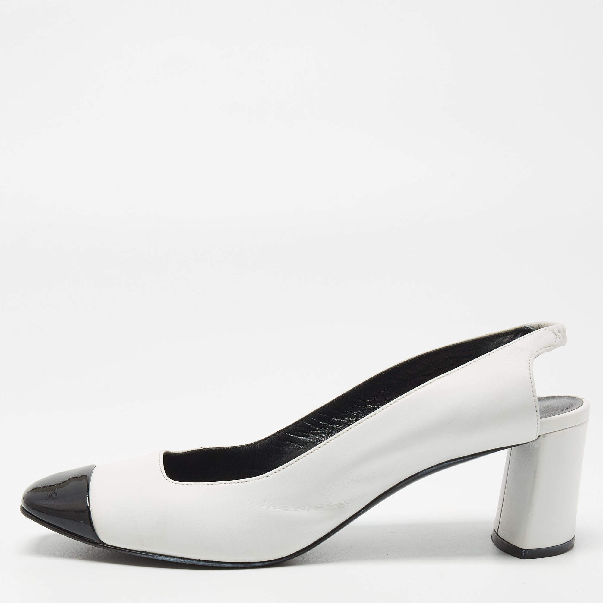 Pre Owned Casadei White/Black Leather and Patent Square Cap Toe Slingback Pumps Size 37