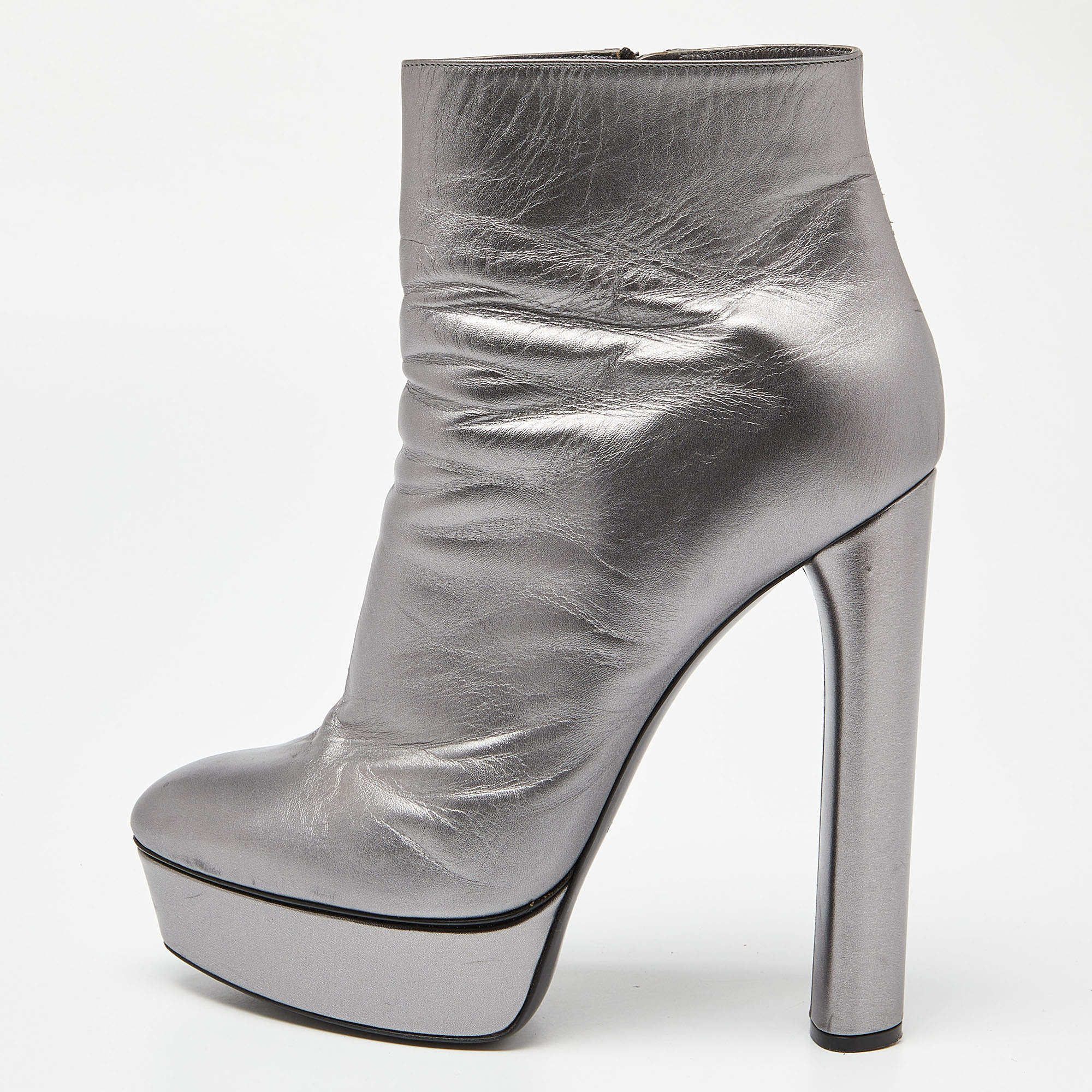 Pre Owned Casadei Metallic Silver Leather Ankle Boots Size 40