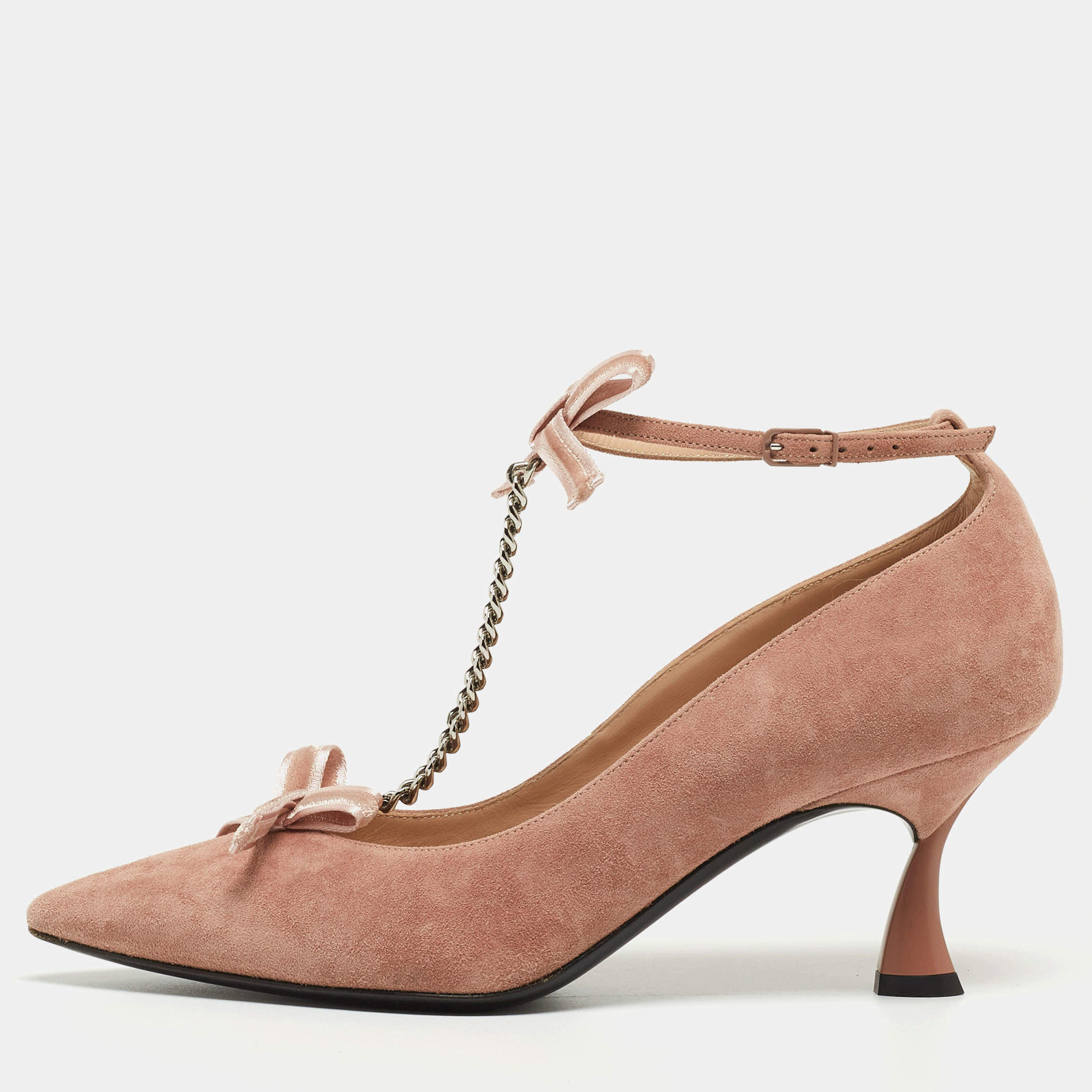 Pre Owned Casadei Pink Suede Chain T-Strap Bow Pointed Toe Pumps Size 37