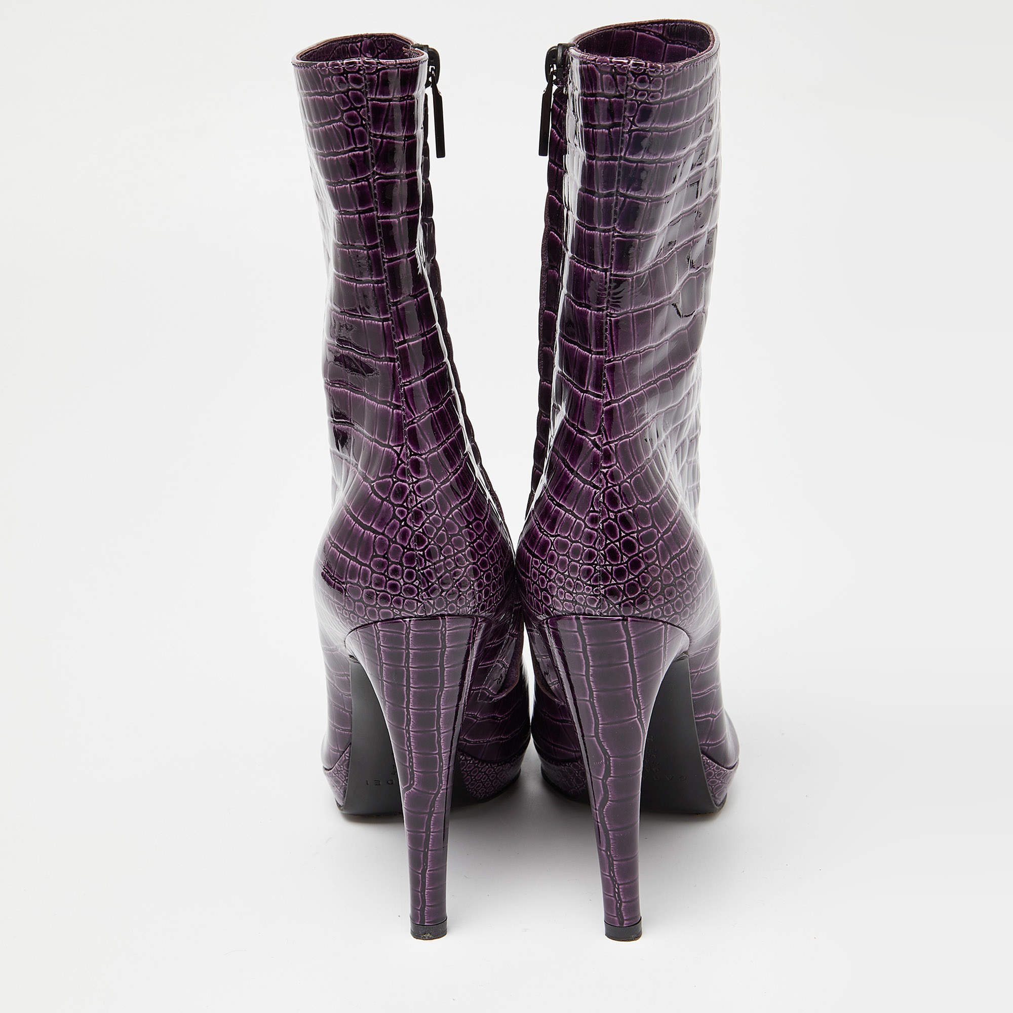 Pre Owned Casadei Purple Croc Embossed Patent Leather Mid Calf Platform Boots Size 38.5