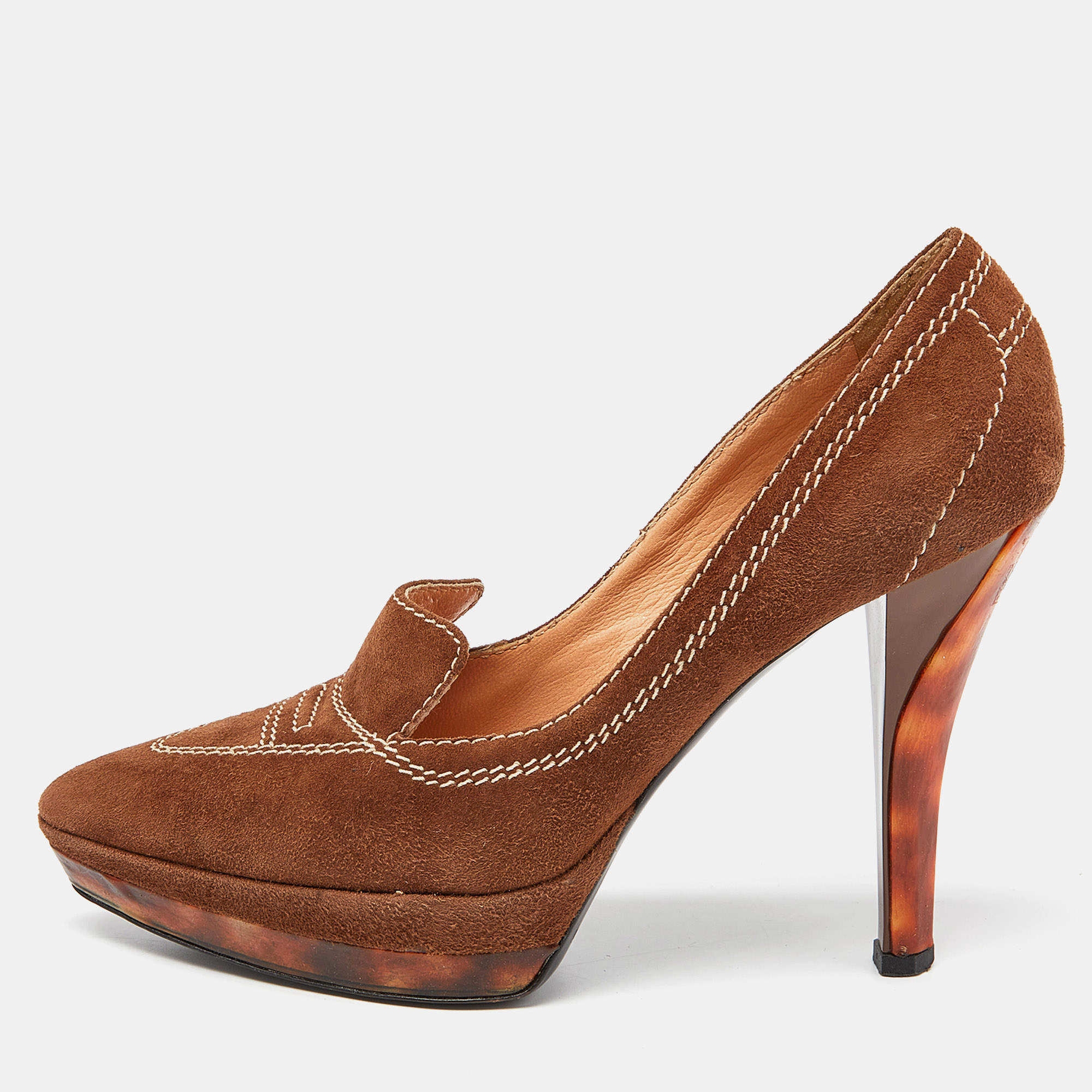 Pre Owned Casadei Brown Suede Platform Loafer Pumps Size 37