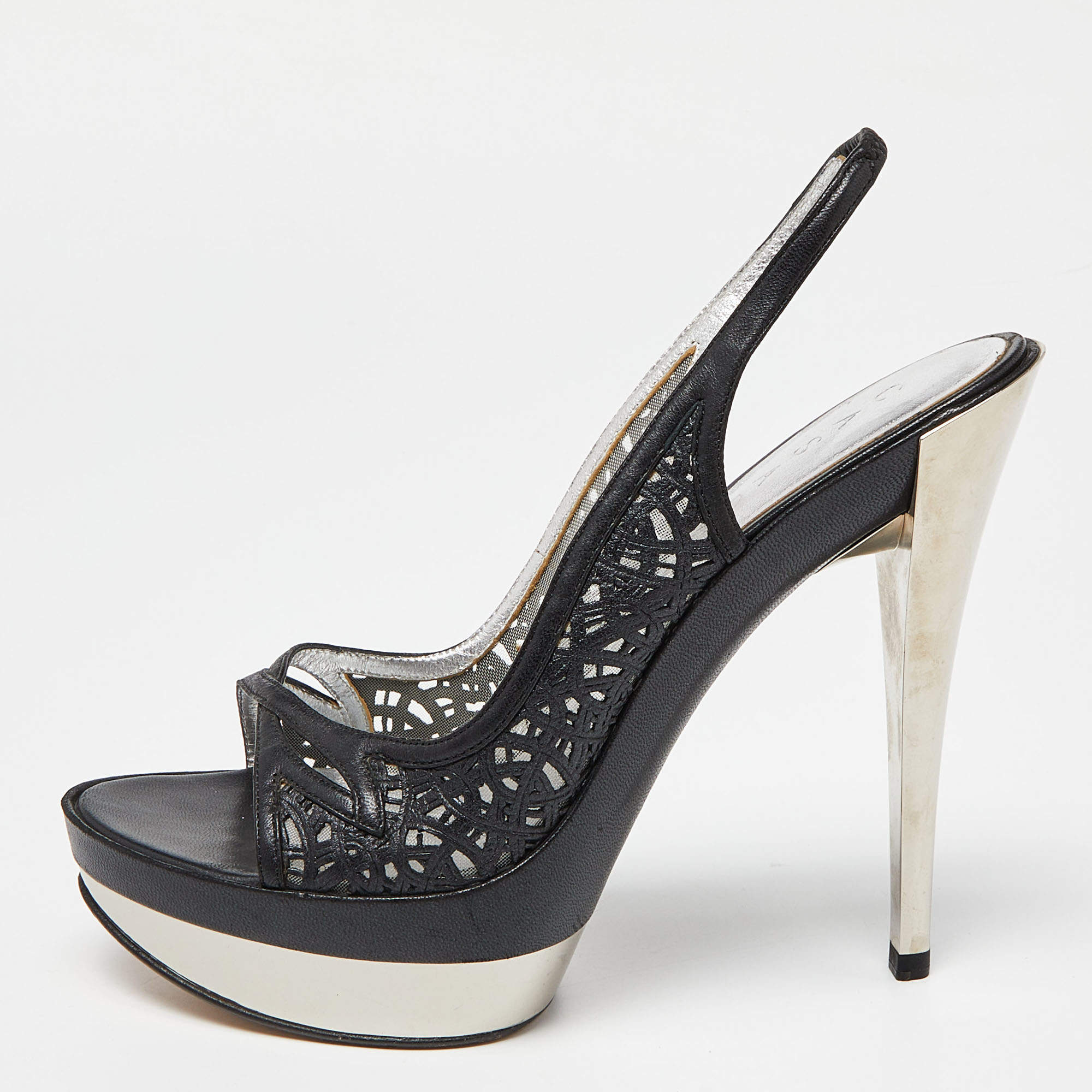 Pre Owned Casadei Black Laser Cut Leather Platform Slingback Sandals Size 37