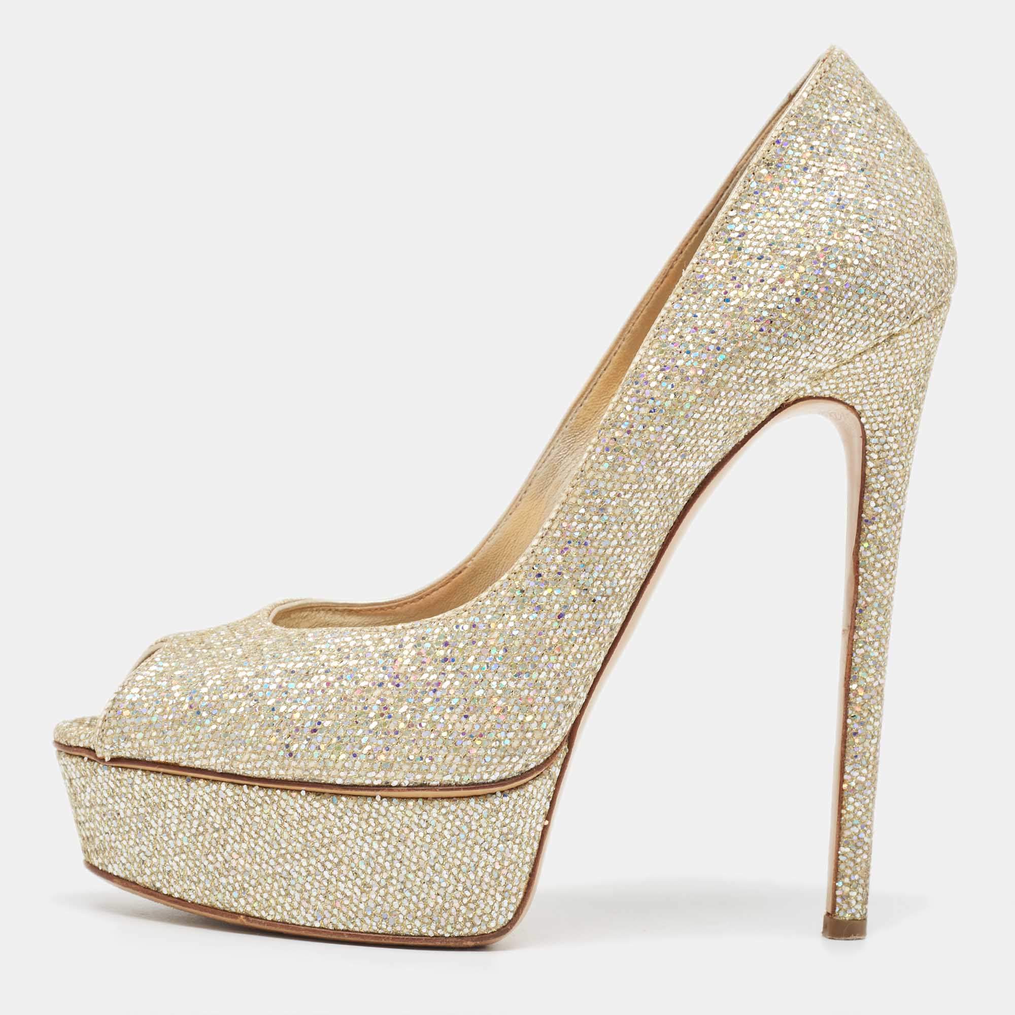 Pre Owned Casadei Gold Glitter Lamé Fabric Peep Toe Platform Pumps Size 39