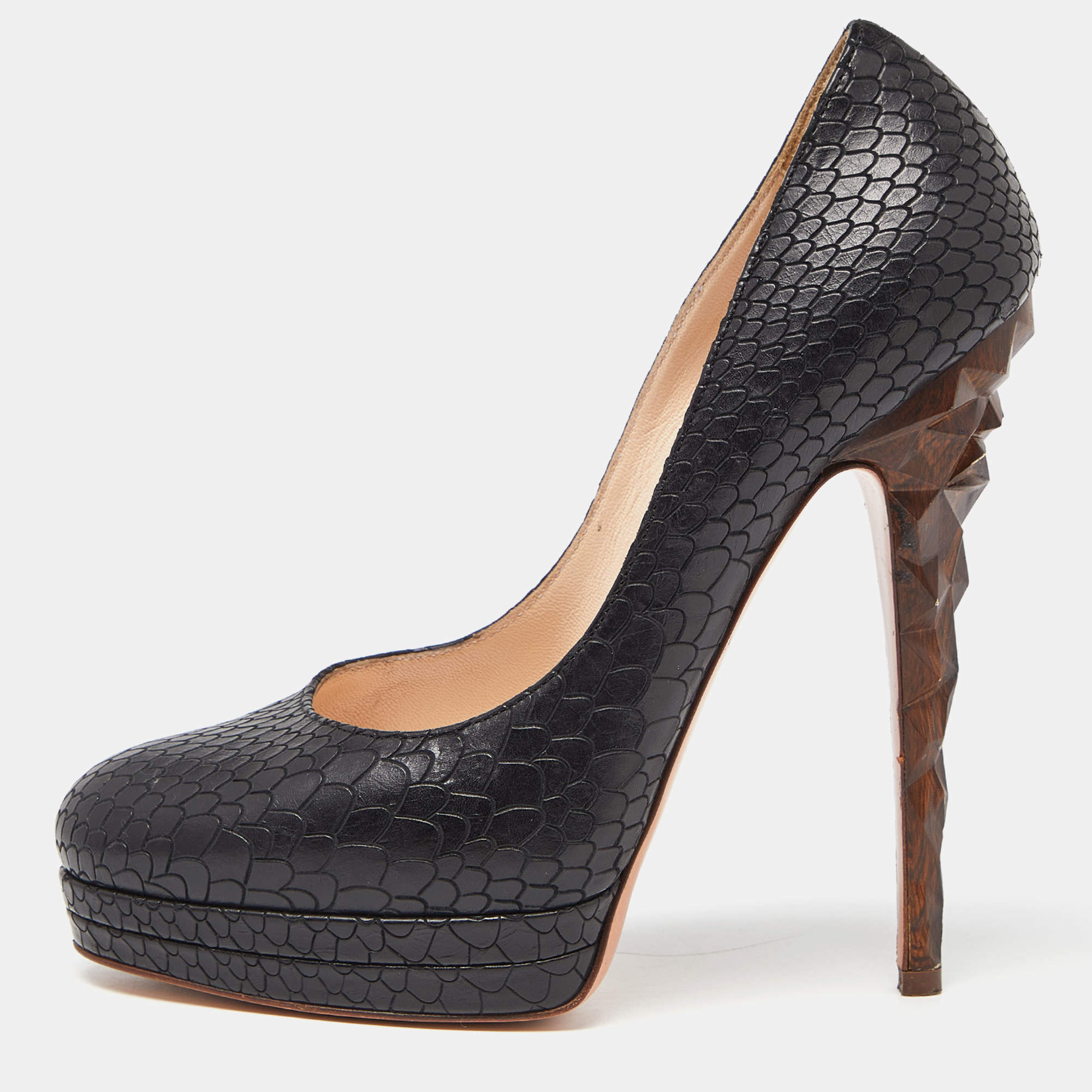 Casadei Black Python Embossed Leather Platform Pumps Size 36.5