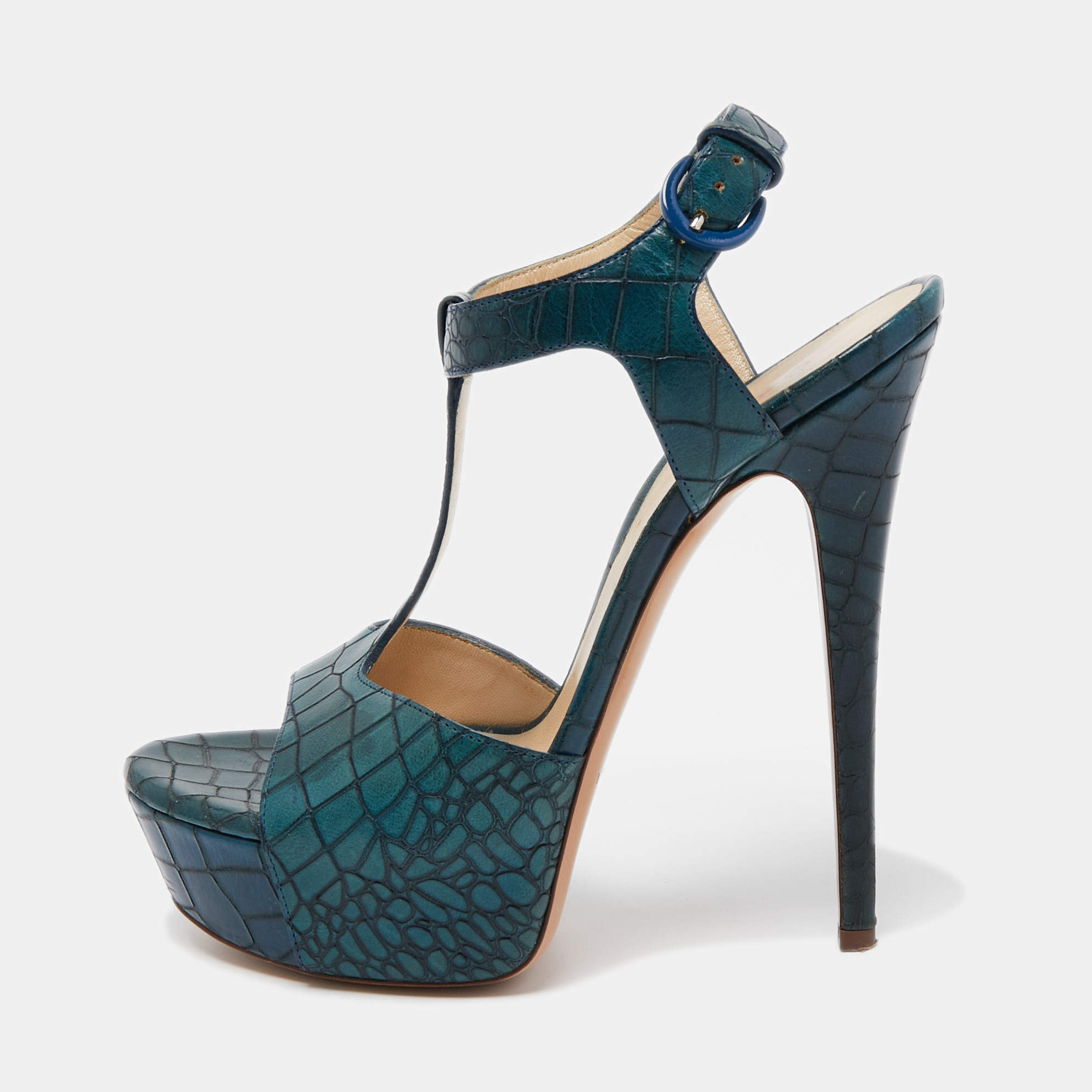 Casadei Green Croc Embossed Leather T-Bar Platform Ankle Strap Sandals Size 38 