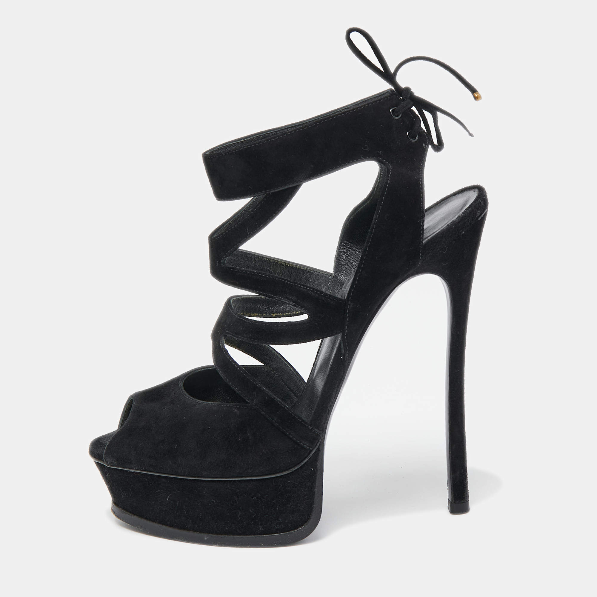 Pre Owned Casadei Black Suede Strappy Platform Ankle Tie Sandals Size 38