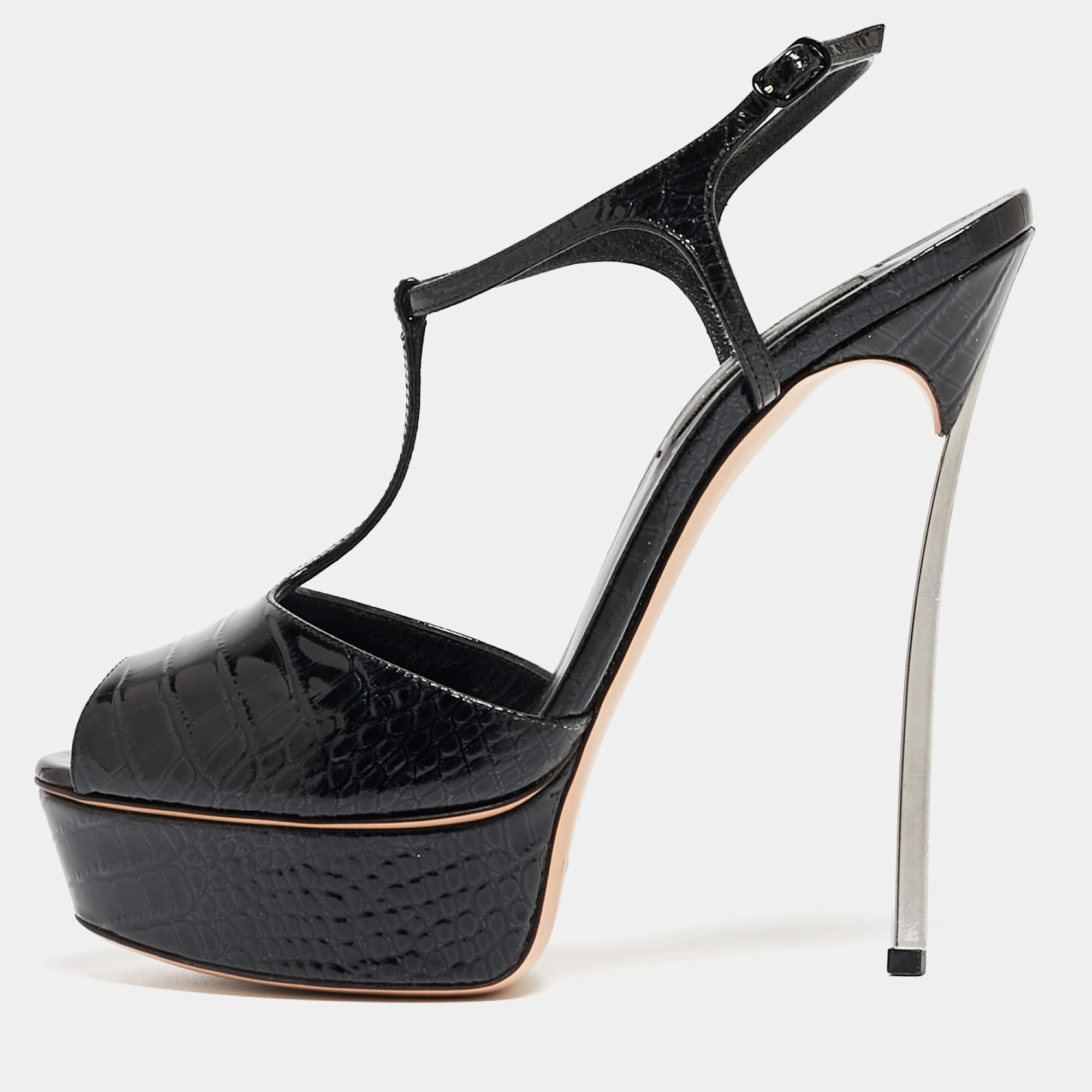 Pre Owned Casadei Black Croc Embossed Patent Leather Peep Toe Platform T-Strap Sandals Size 37.5