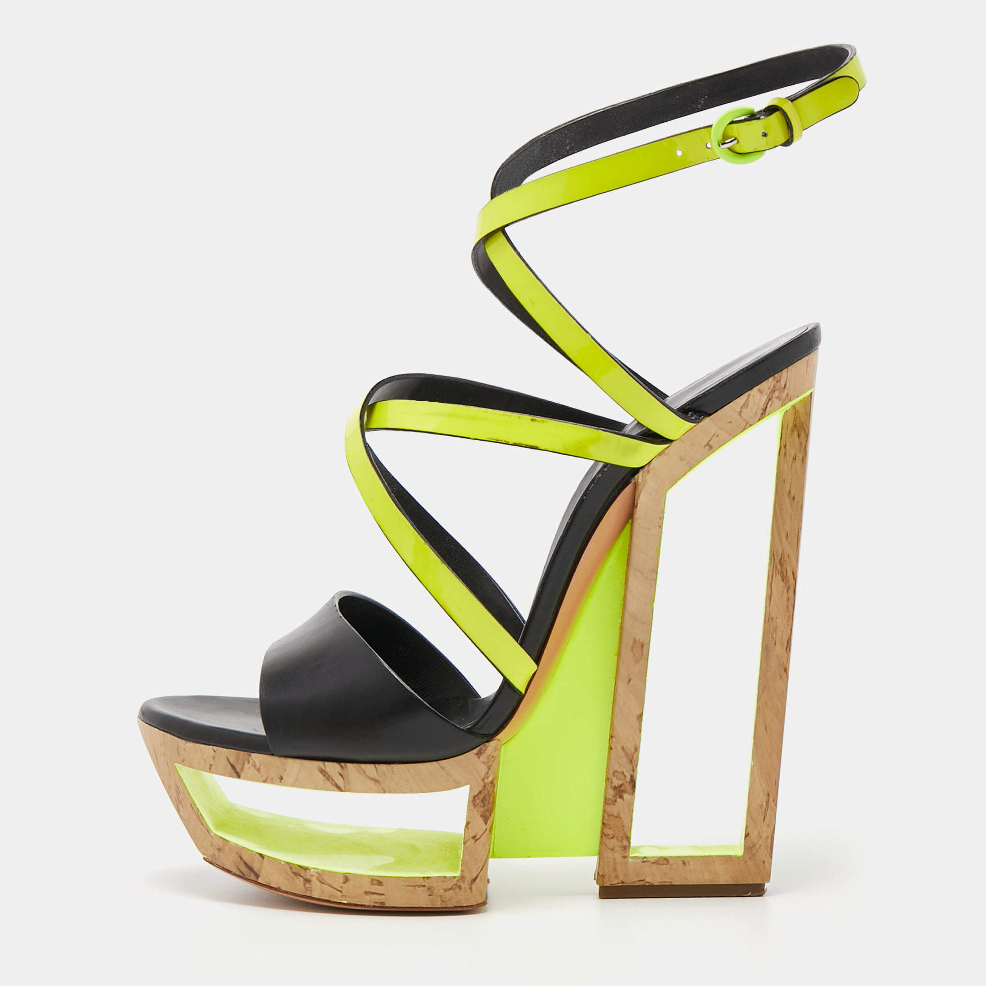Pre Owned Casadei Black/Neon Yellow Leather and Patent Cork Wedge Platform Strappy Sandals Size 38