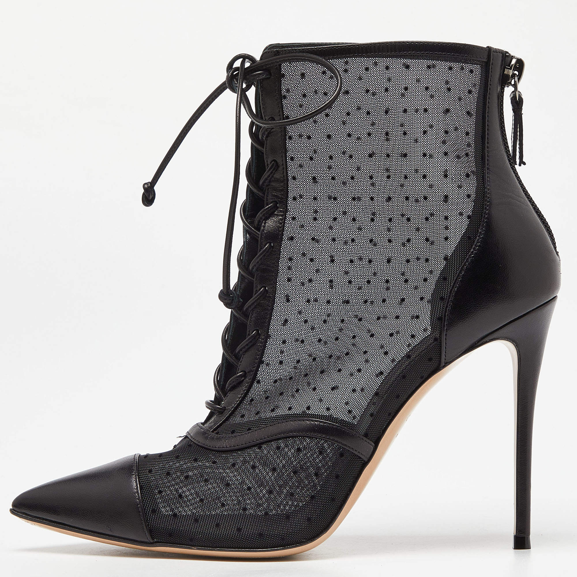 Casadei Black Mesh and Leather Lace Up Ankle Booties Size 38