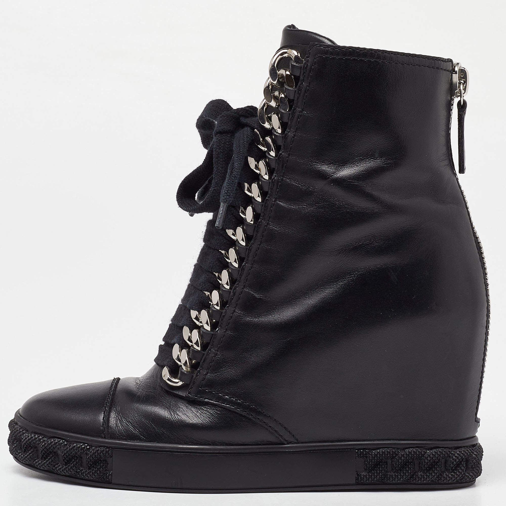 Pre Owned Casadei Black Leather Wedge High Top Ankle Booties Size 36.5