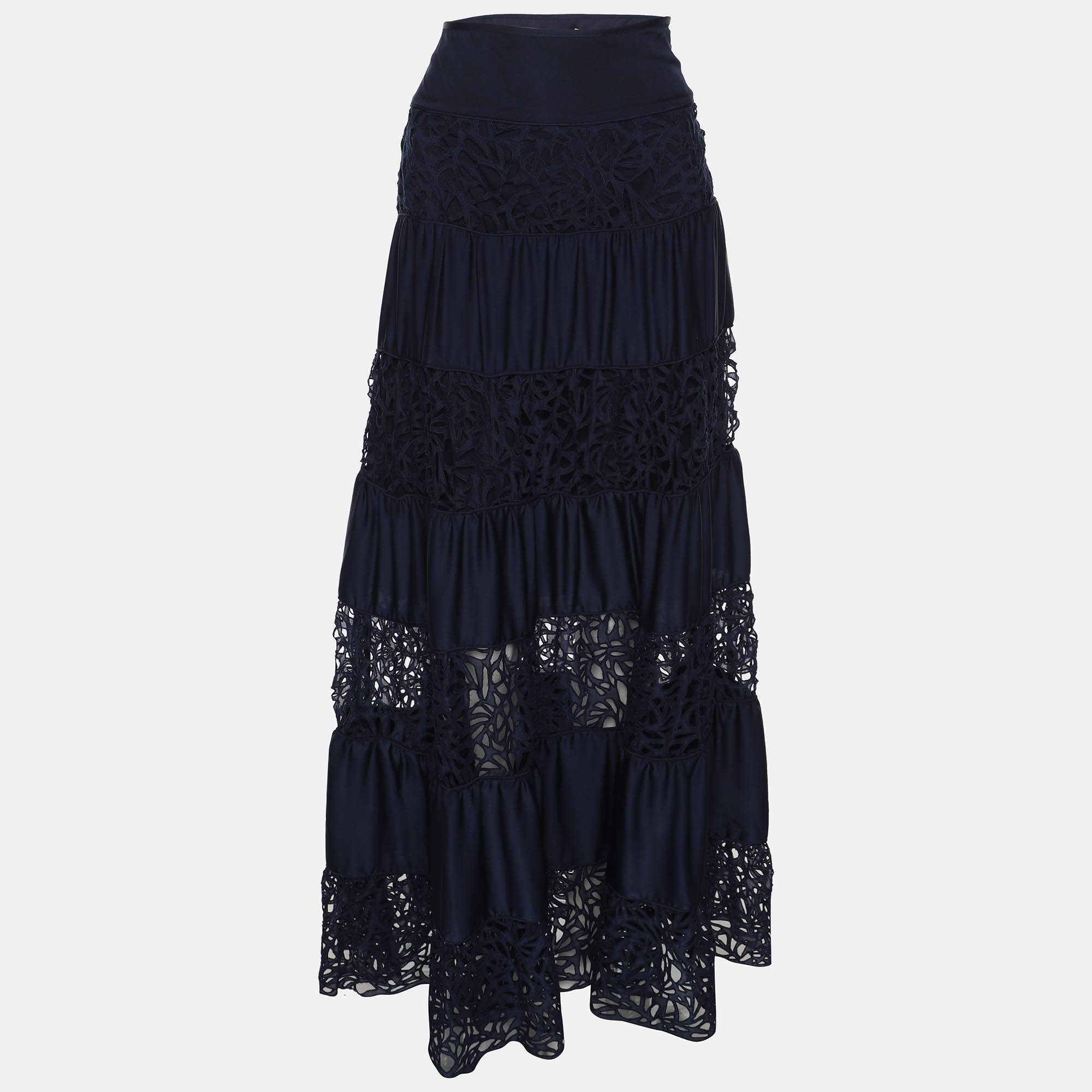 Pre Owned Catherine Malandrino Navy Blue Silk Blend Cut-out Paneled Maxi Skirt S