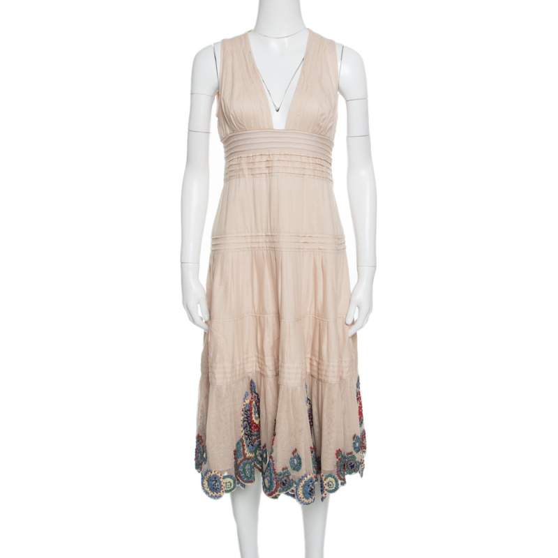 Catherine Malandrino Beige Pintuck Detail Embroidered Hem Maxi Dress M