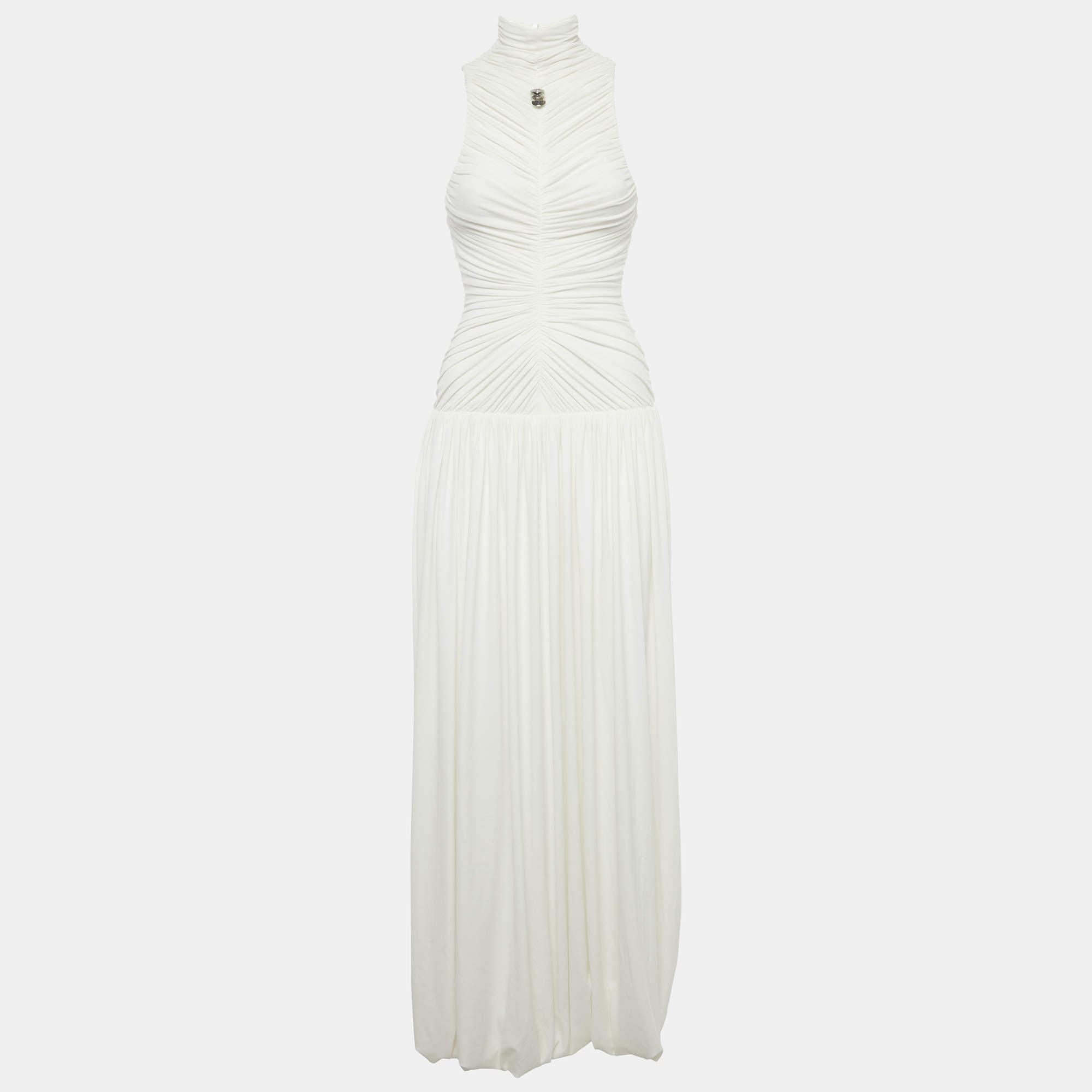 Pre Owned C.Dam White Jersey Draped Ruched Maxi Dress XS