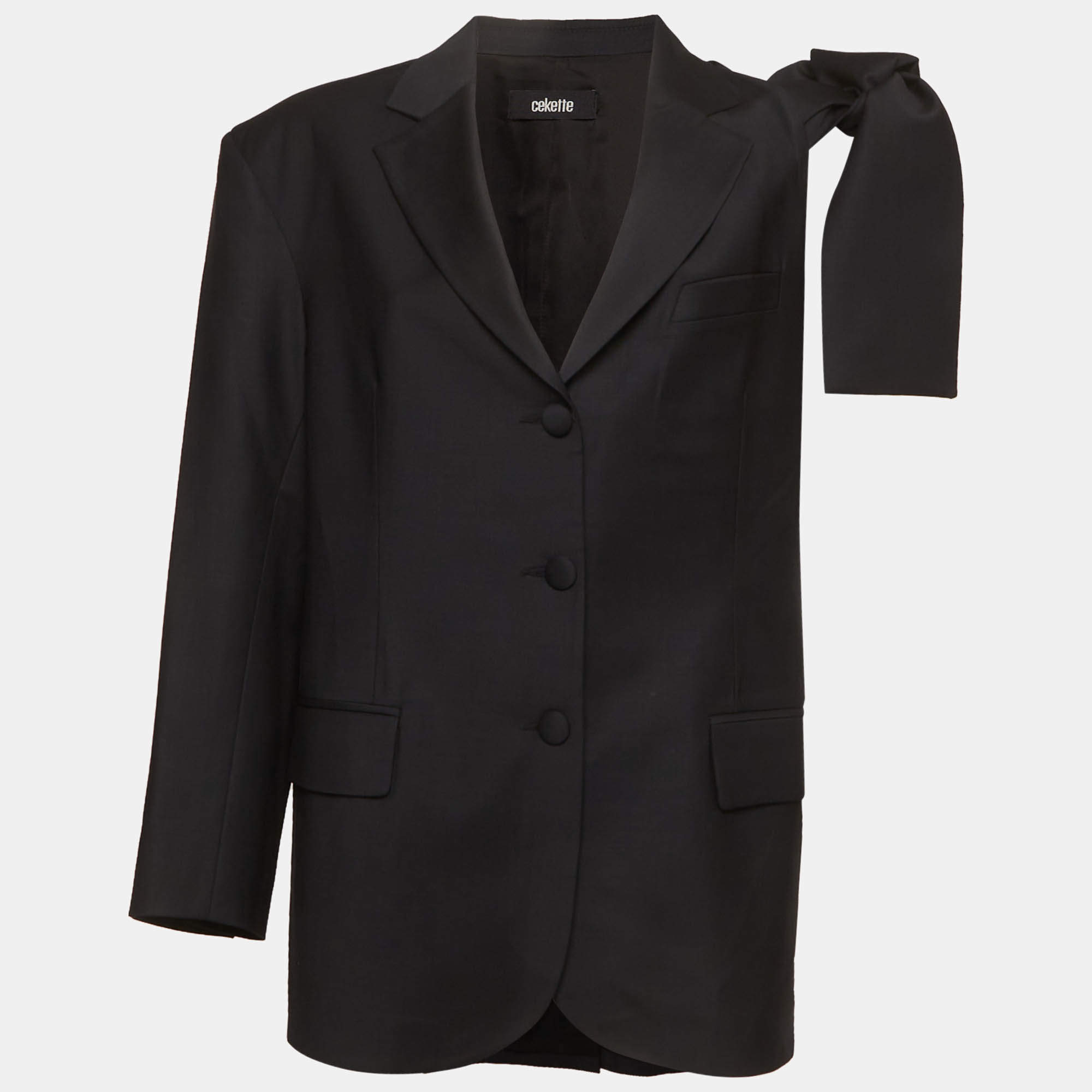 Pre Owned Cekette Black Wool Blend Single Sleeve With Bow Blazer M 