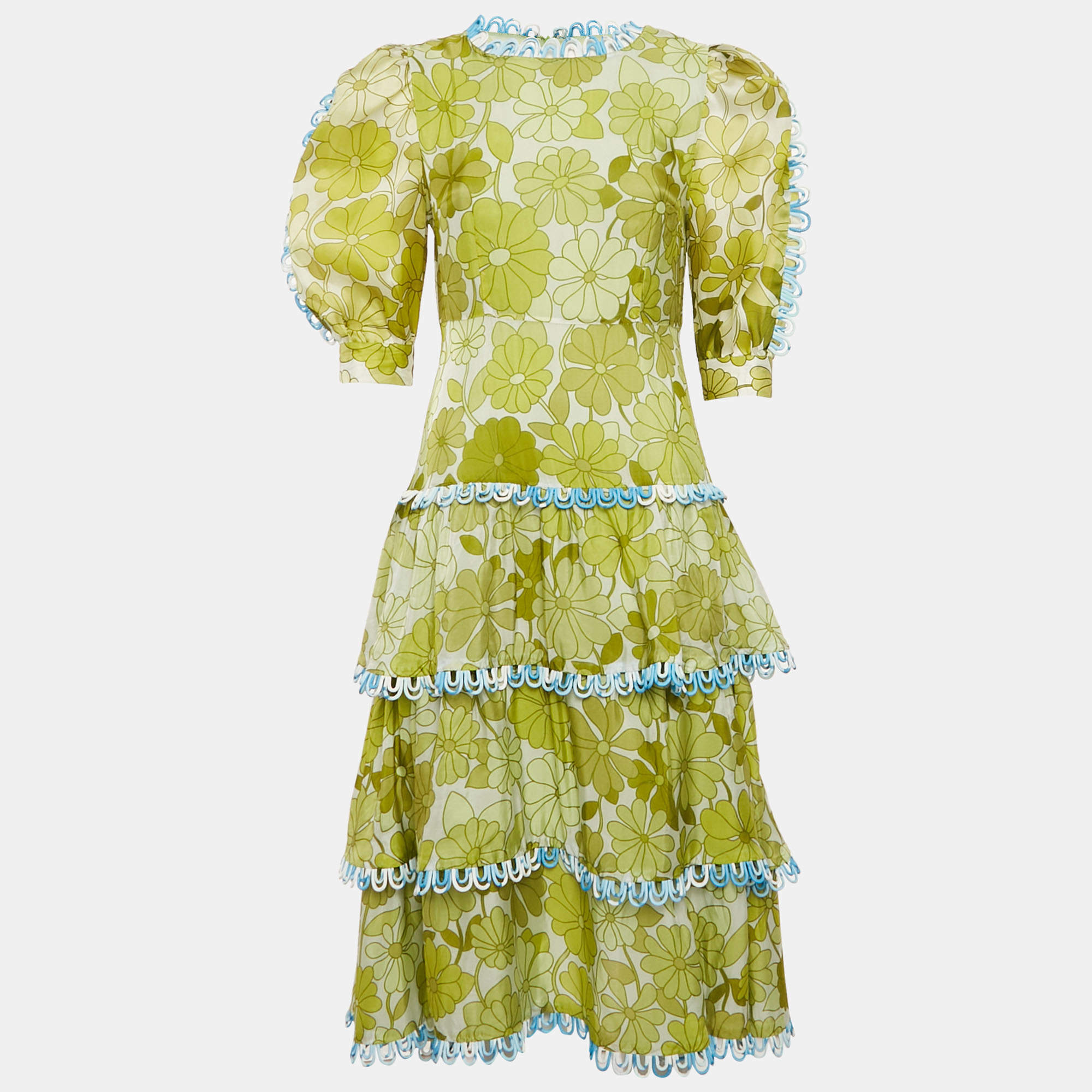 CeliaB Green Floral Print Silk Blend Tiered Midi Erica Dress S
