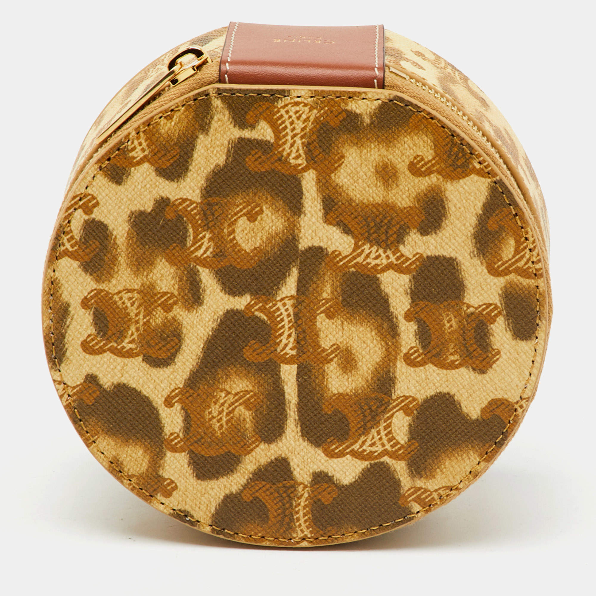 Pre Owned Celine Beige/Brown Animal Print Saffiano Leather Round Zip Around Pouch