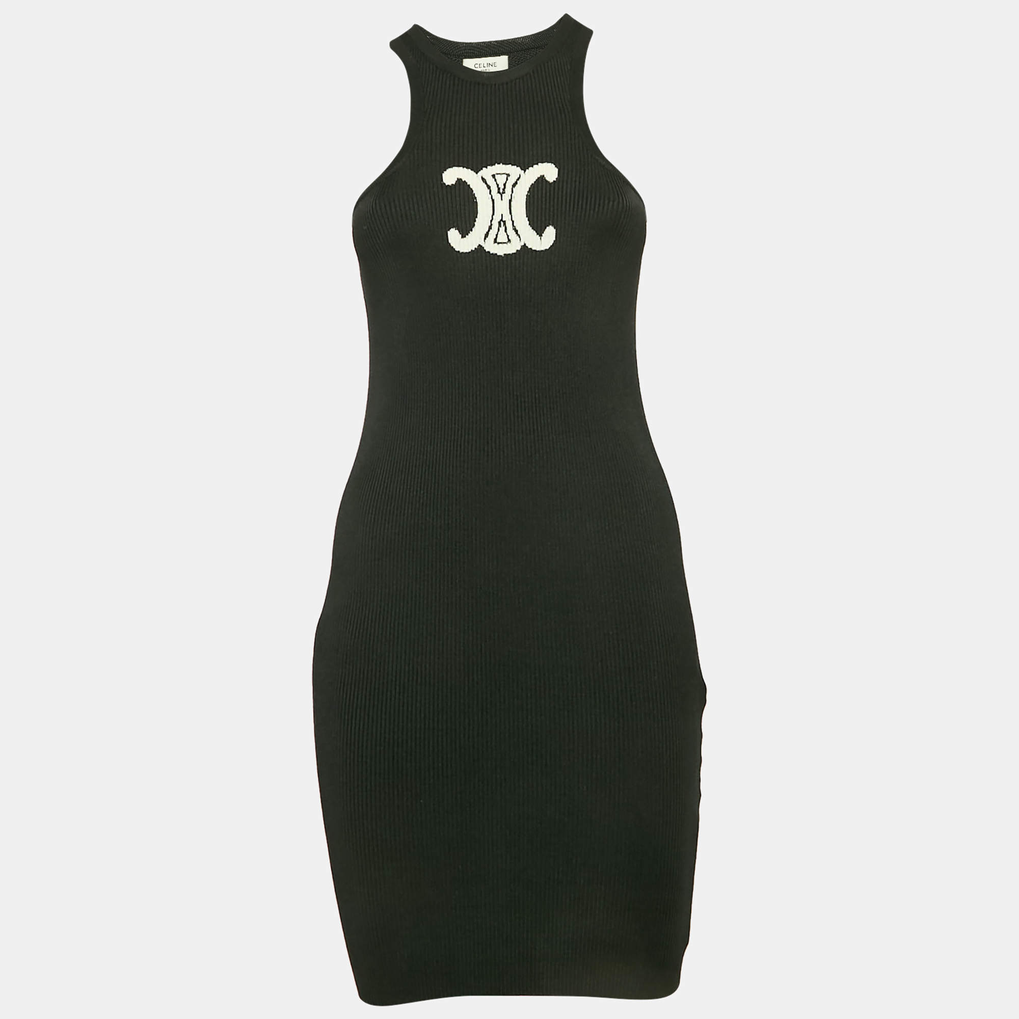 Pre Owned Celine Black Rib Knit Sleeveless Triomphe Tank Dress S