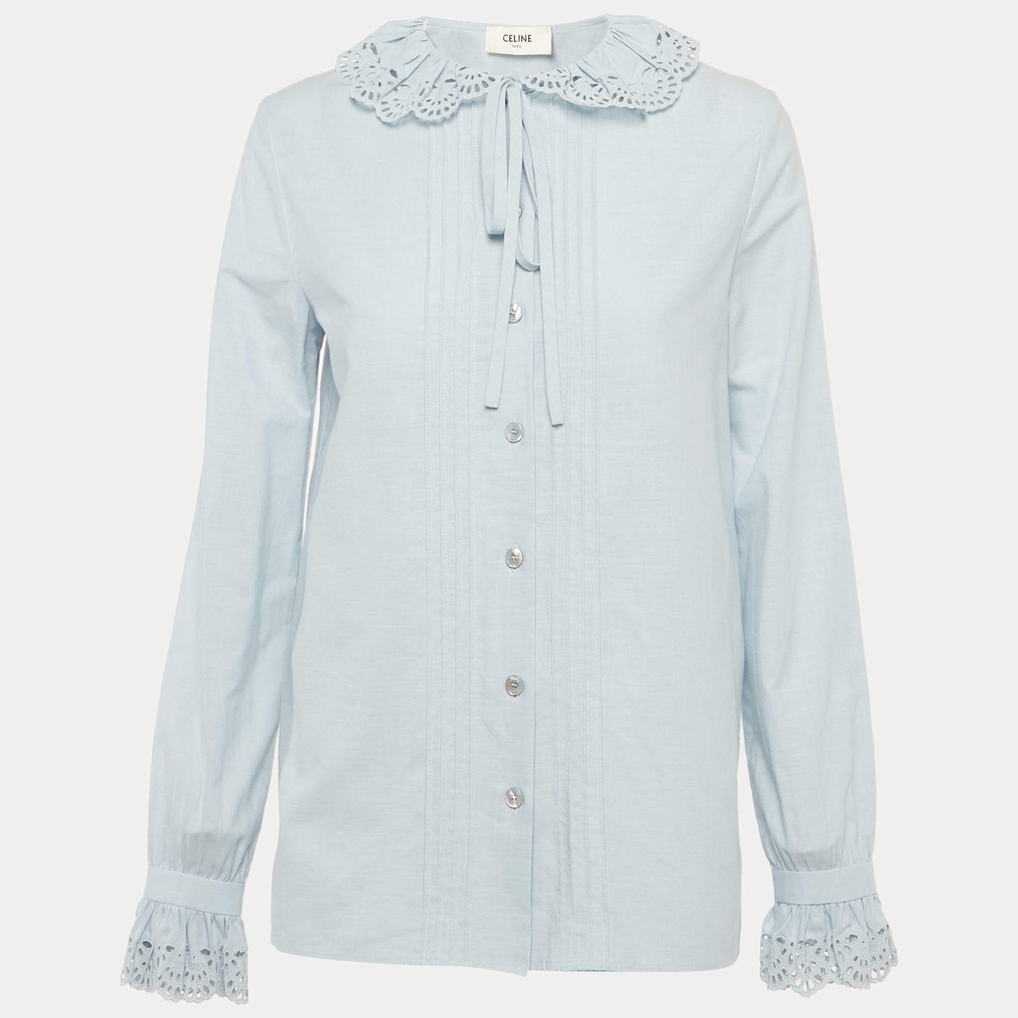مملوكة مسبقًا Celine Blue Embroidered Collar Cotton Blouse S
