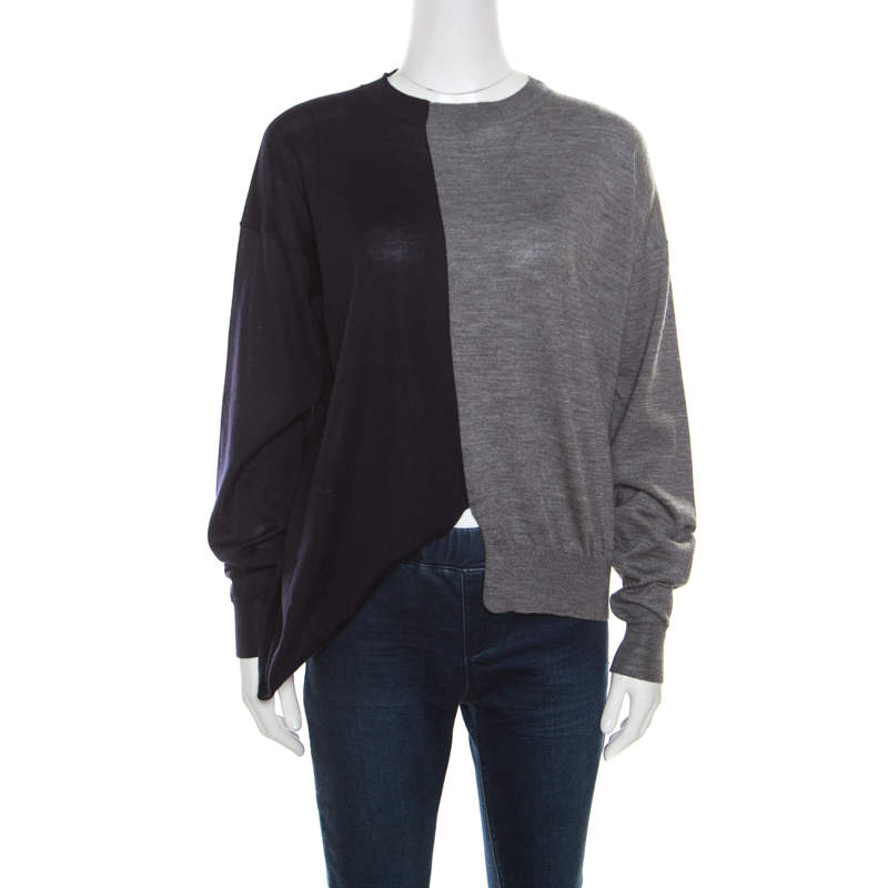 Pre Owned Celine Navy Blue and Grey Half and Half Sweater S