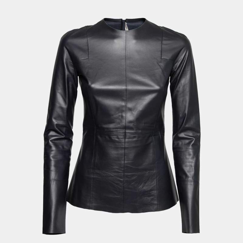 Pre Owned Celine Black Lambskin Leather Long Sleeve Peplum Top S