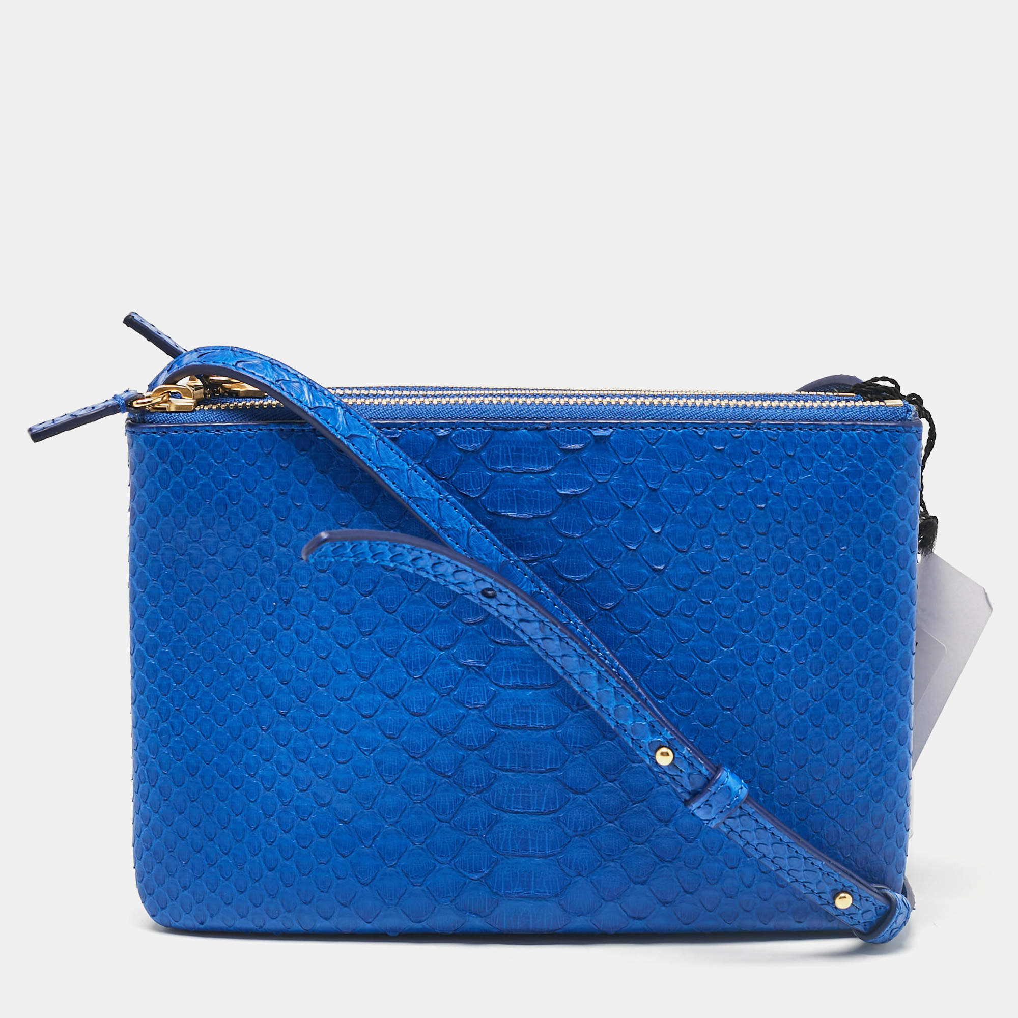 Pre Owned Celine Blue Python and Leather Small Trio Zip Crossbody Bag