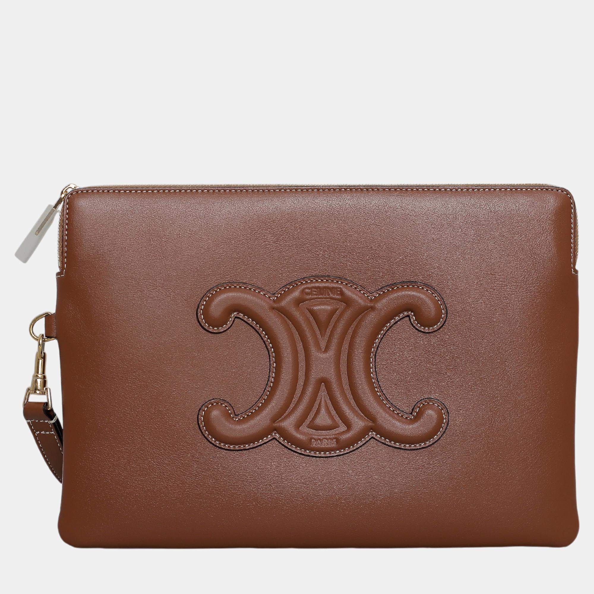 Celine Brown Leather Triomphe Clutch Bag