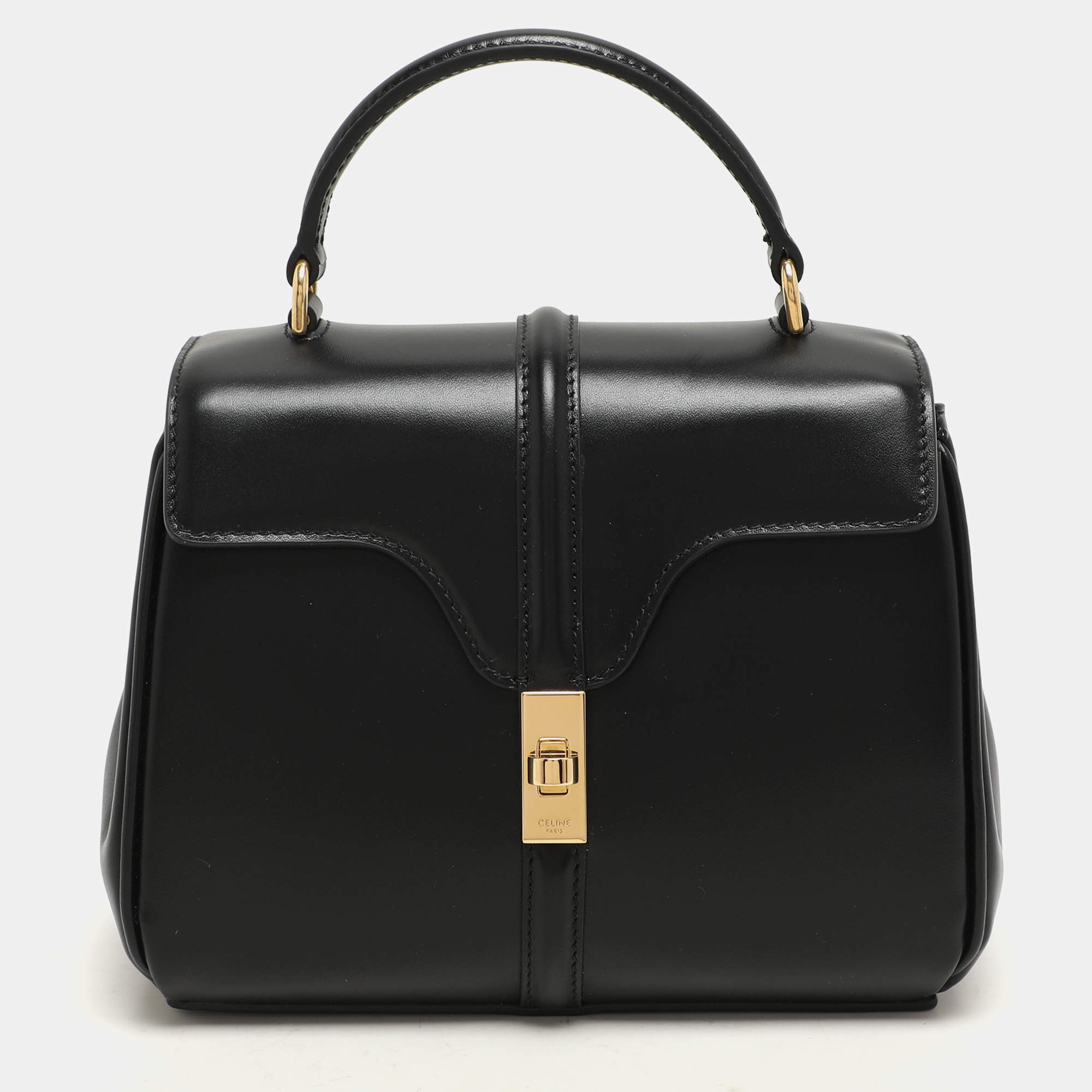 Celine Black Satinated Leather Mini 16 Top Handle Bag