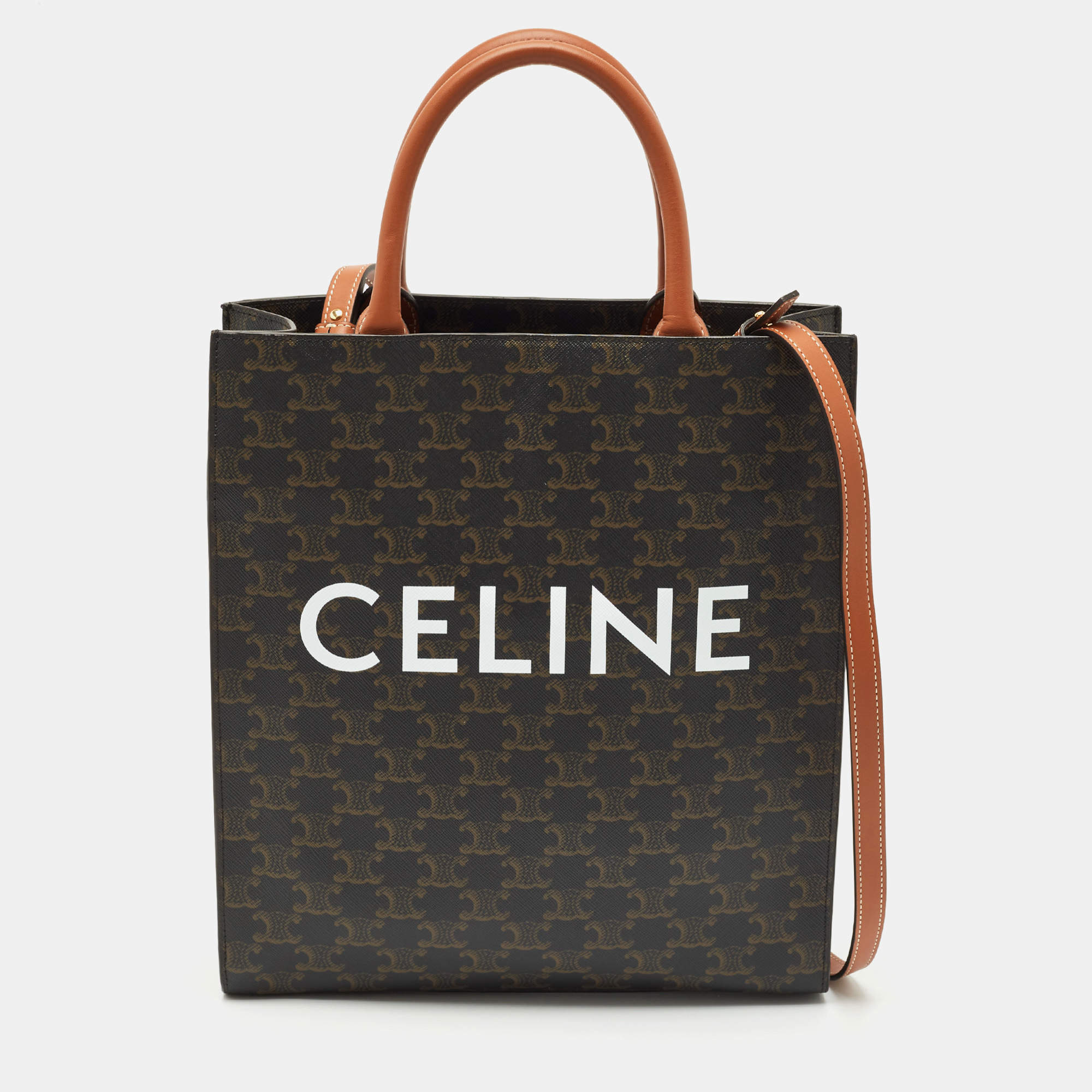 Celine Brown Triomphe Canvas and Leather Small Vertical Cabas Tote 