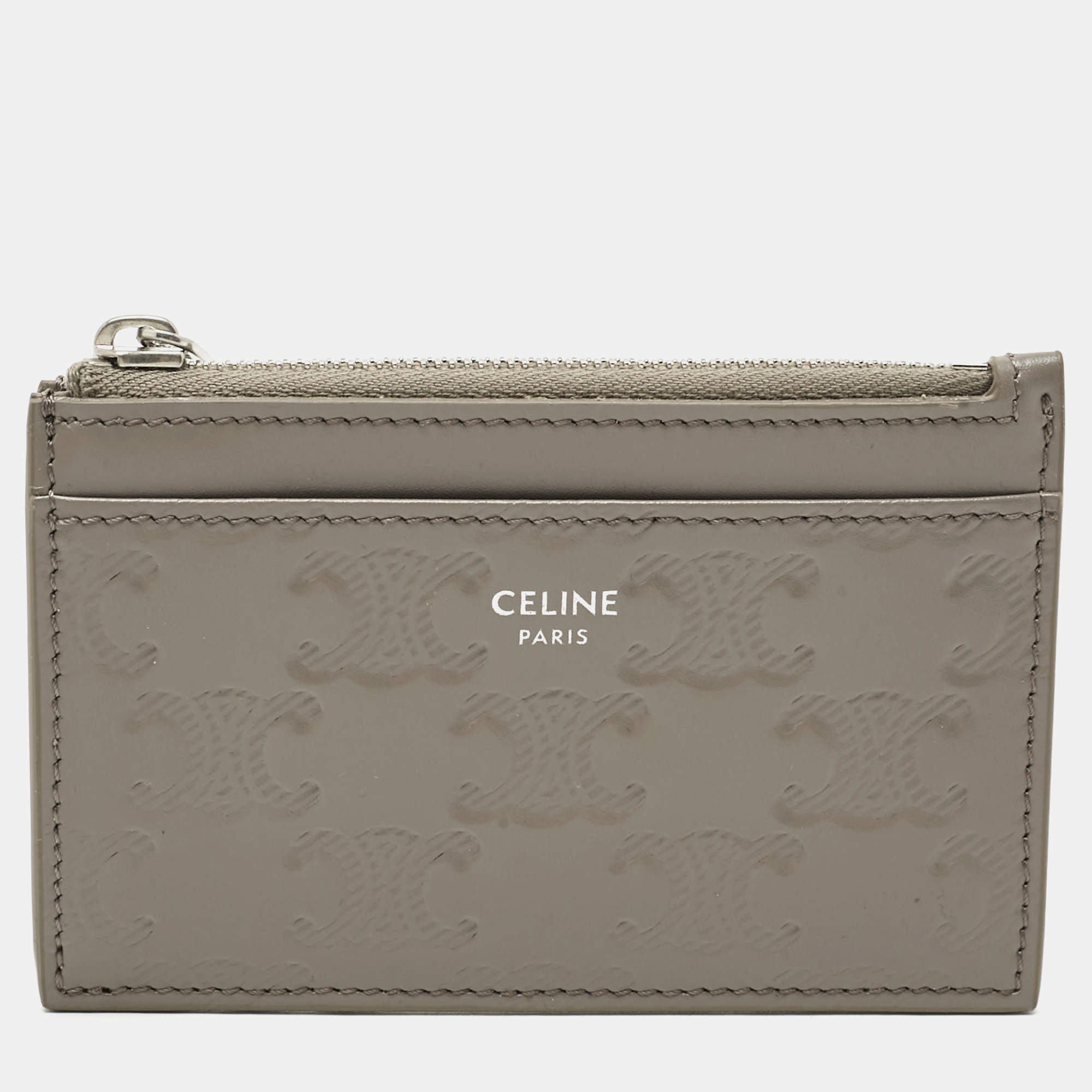Pre Owned Celine Grey Triomphe Embossed Leather Zip Card Holder