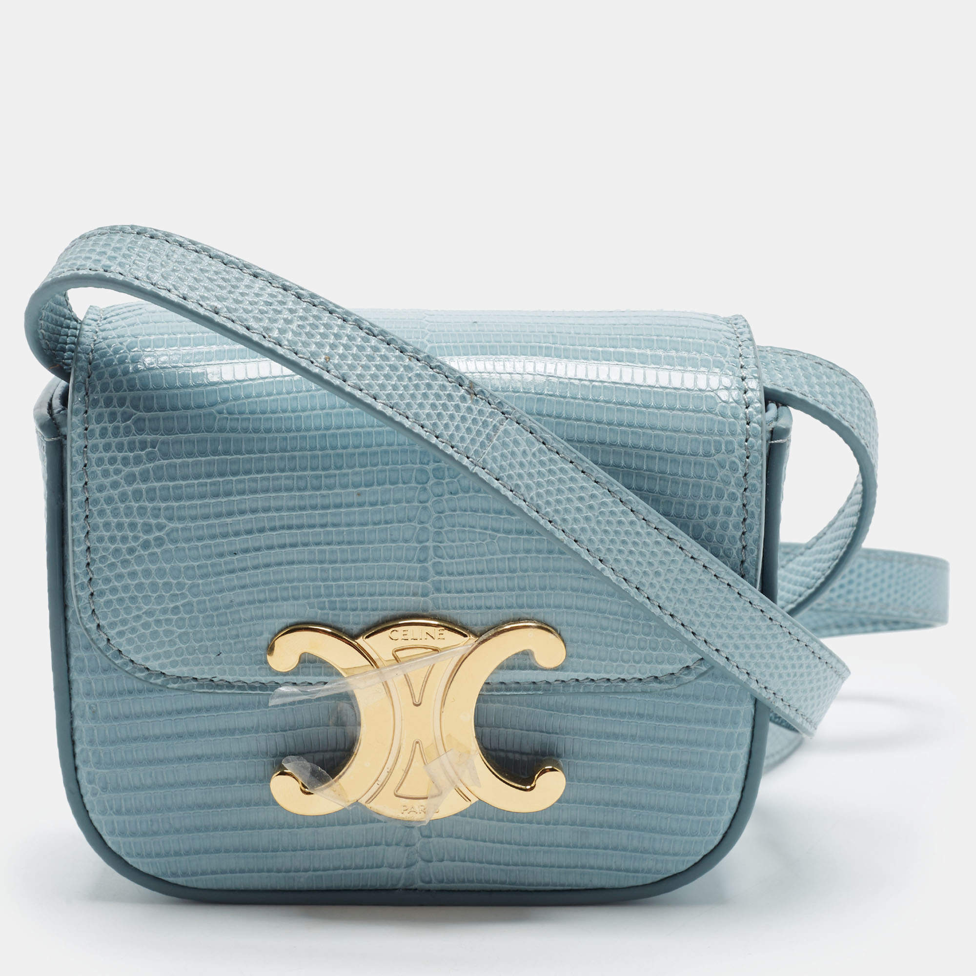 Pre Owned Celine Triomphe Mini Light Blue Lizard Embossed Leather Crossbody Bag