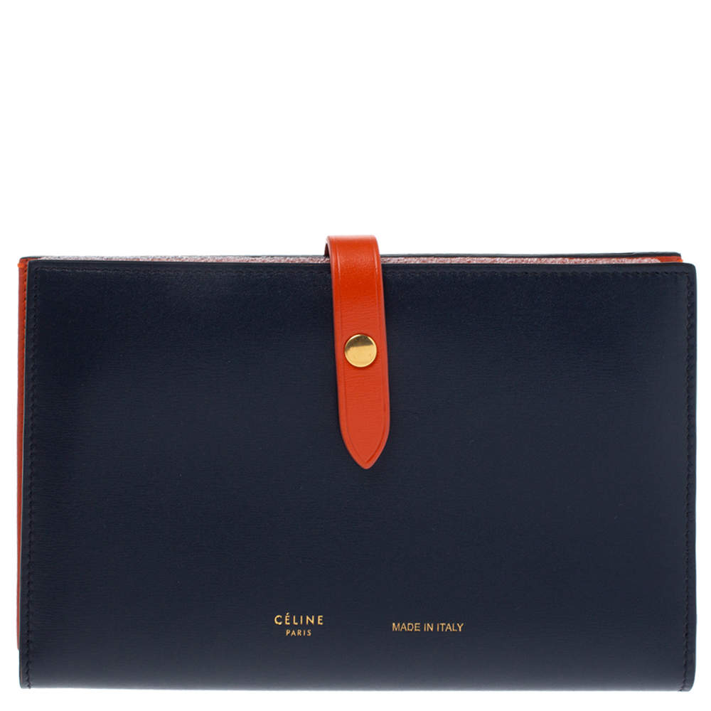 Pre Owned Celine Navy Blue/Orange Leather Large Multifunction Strap Wallet
