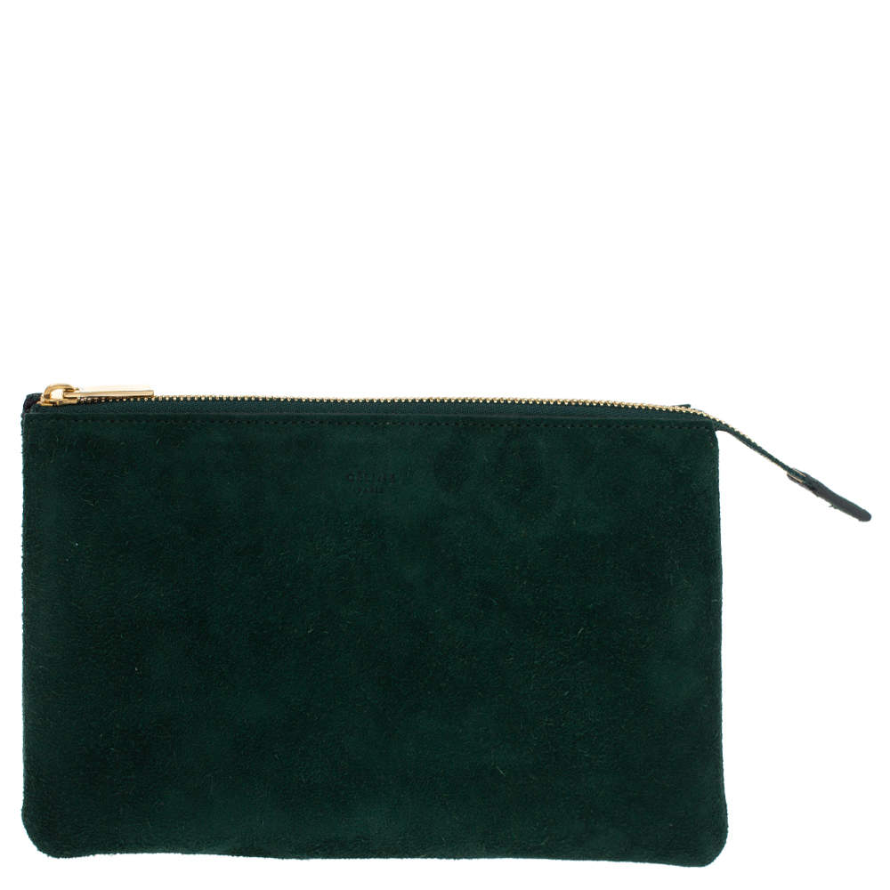 Pre Owned Celine Green Suede Trio Zip Clutch