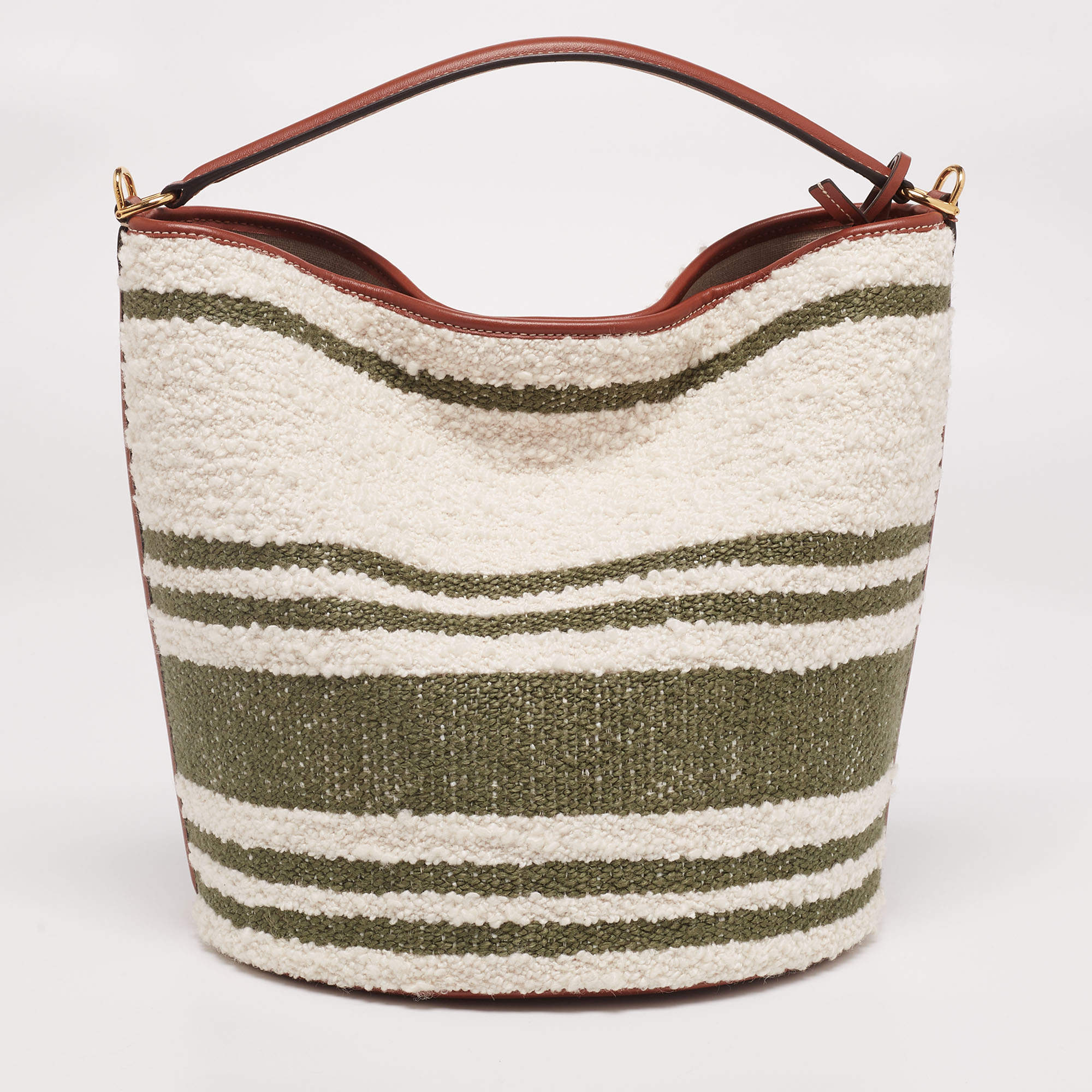 Celine White/Green Striped Tweed and Leather 16 Bucket Bag Celine