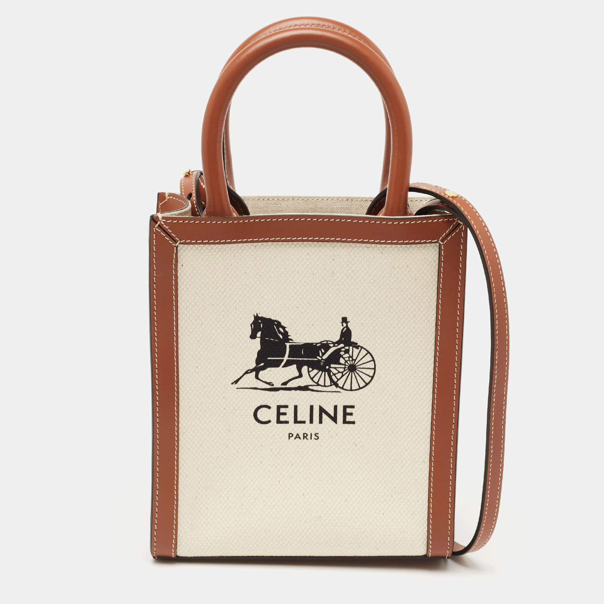 Pre Owned Celine Natural/Brown Sulky Print Canvas and Leather Mini Vertical Cabas Tote