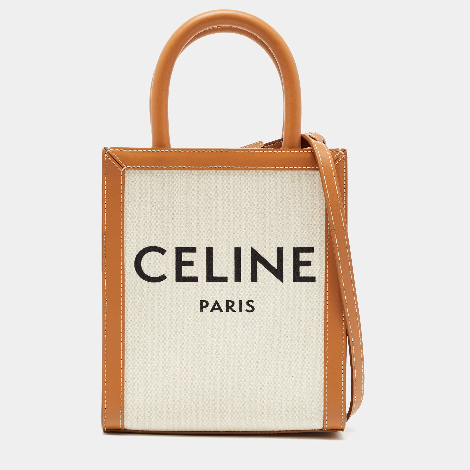 Pre Owned Celine Tan Logo Canvas and Leather Mini Vertical Cabas Tote
