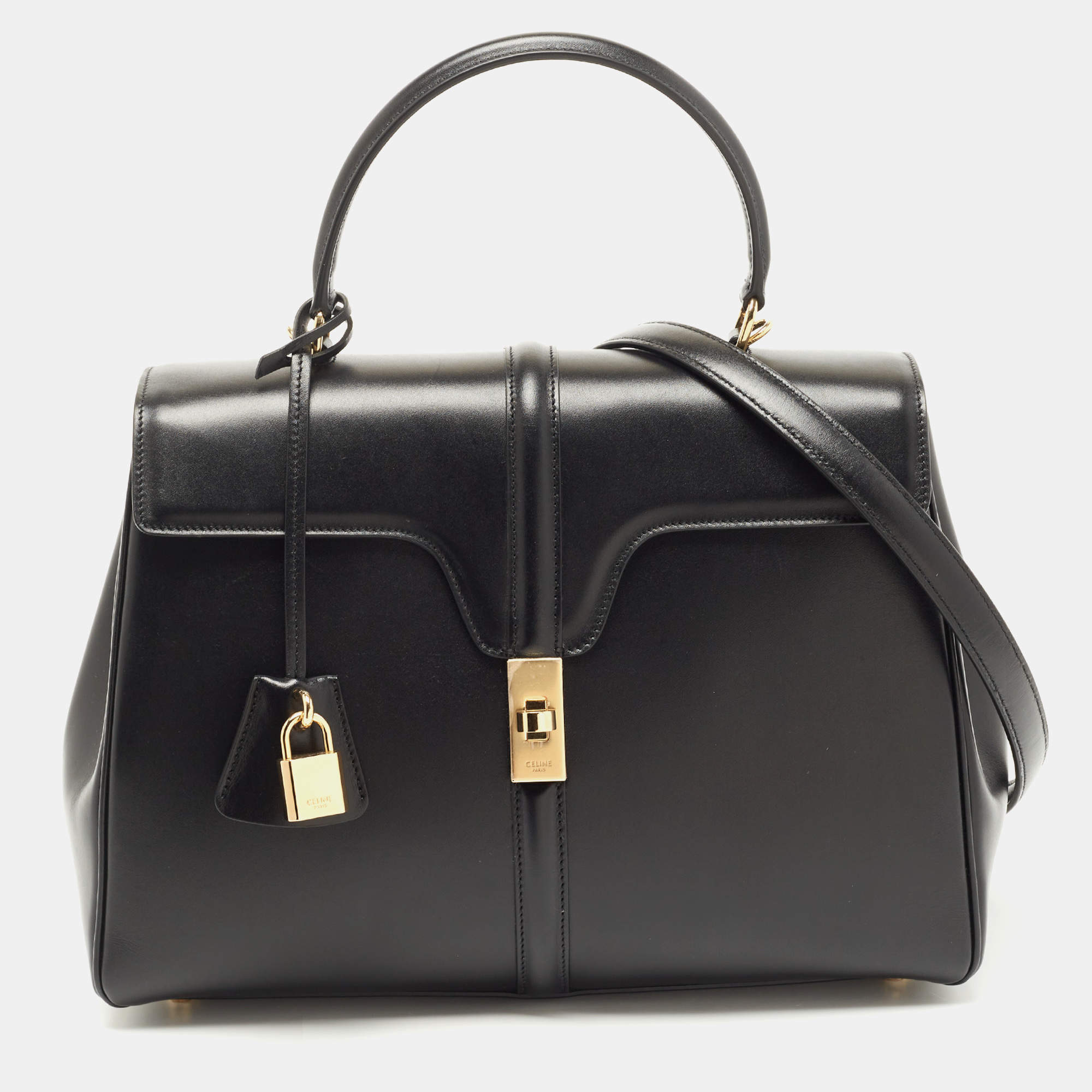 Celine Black Leather Medium Classique 16 Top Handle Bag Celine