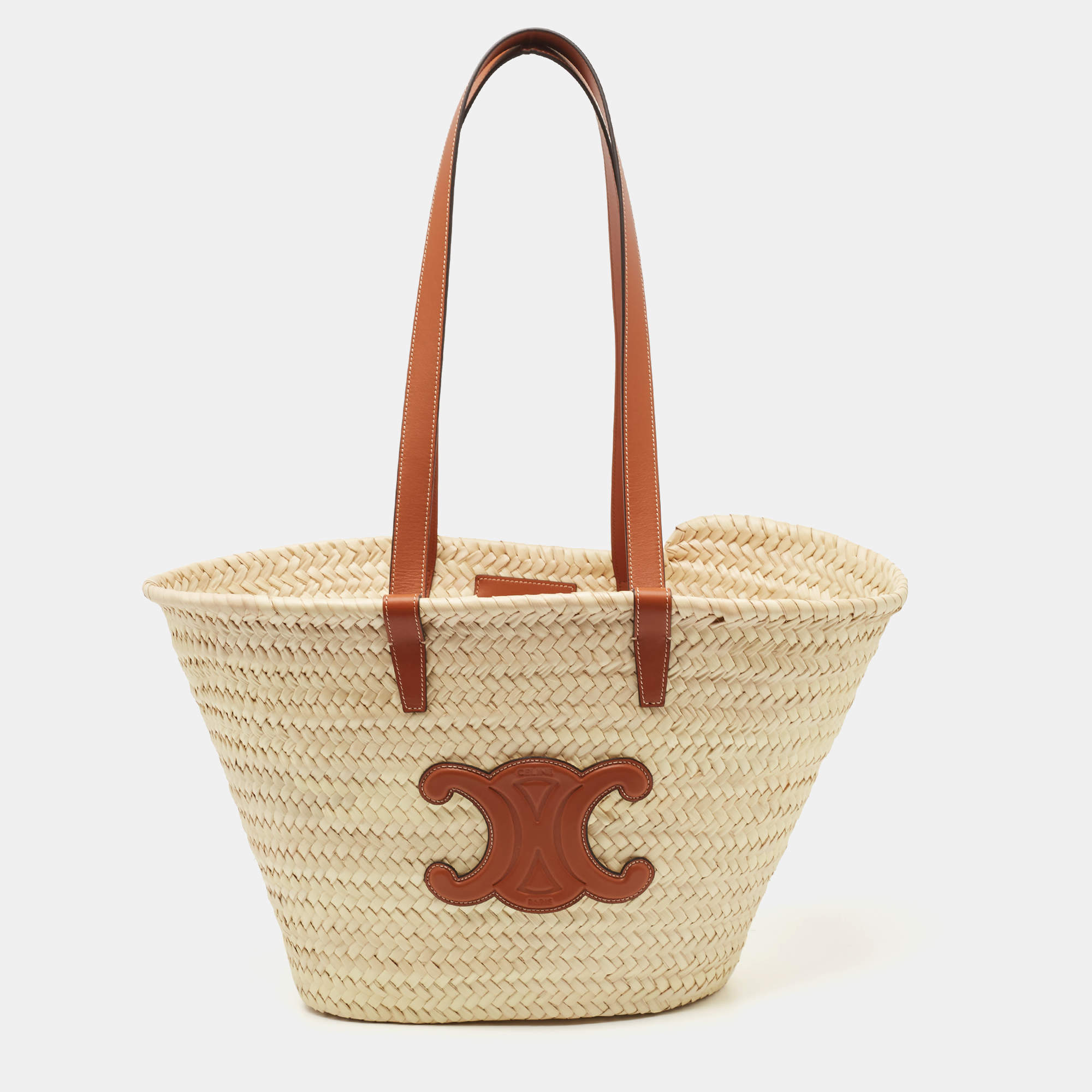 Celine Beige/Brown Woven Raffia and Leather Triomphe Panier Bag