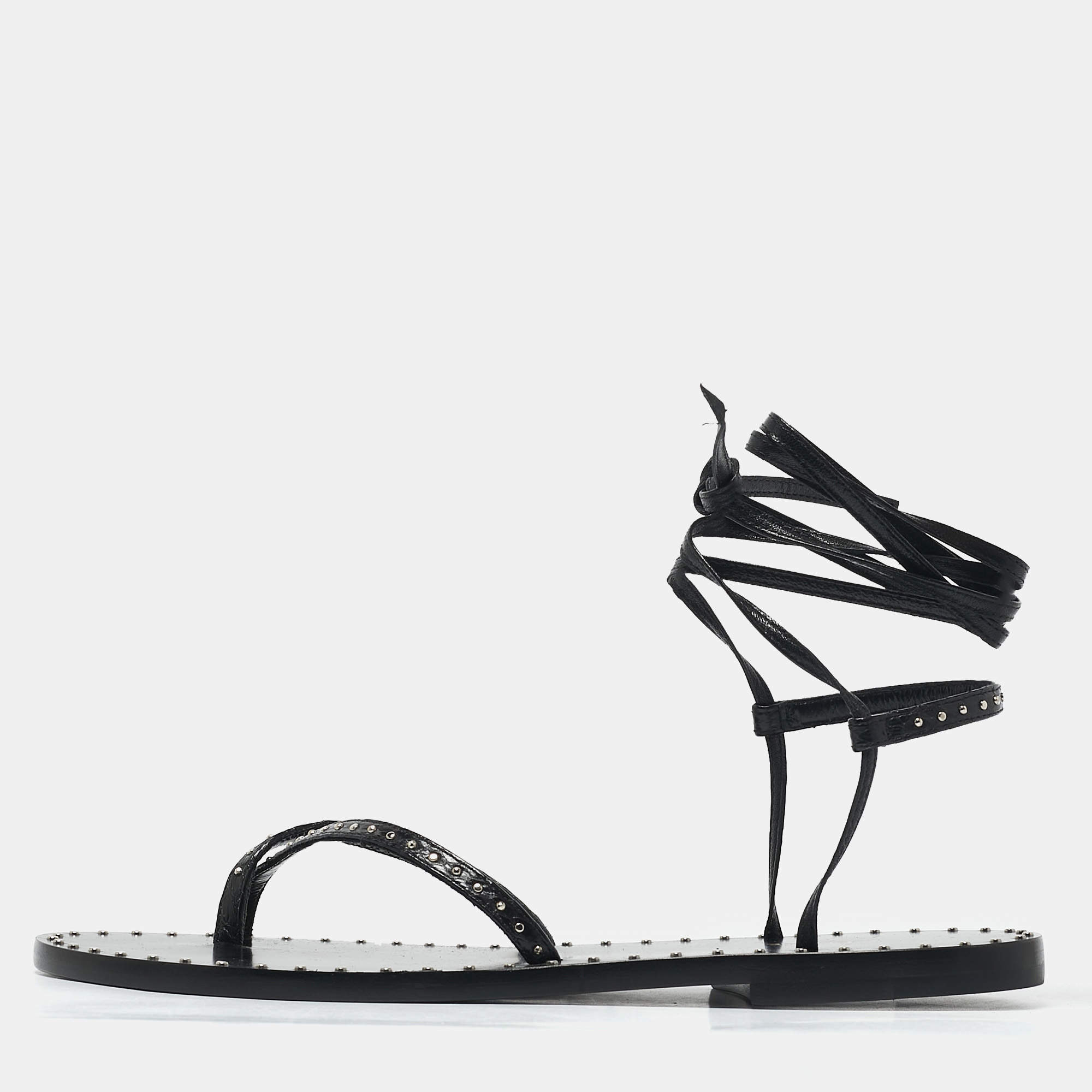 Celine Black Leather Studded Ankle Wrap Flat Sandals Size 36