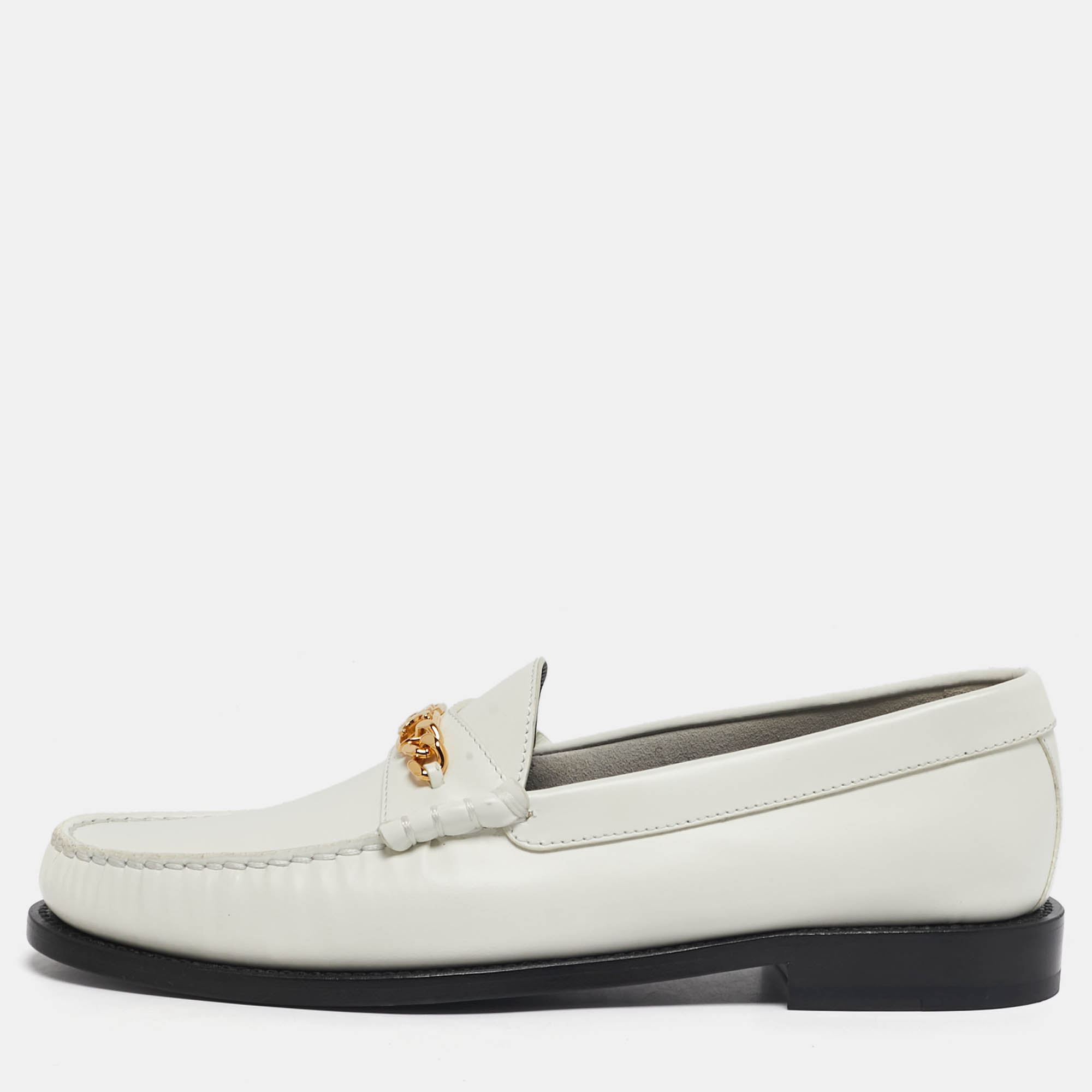 Pre Owned Celine White Leather Luco Triomphe Chain Loafers Size 39
