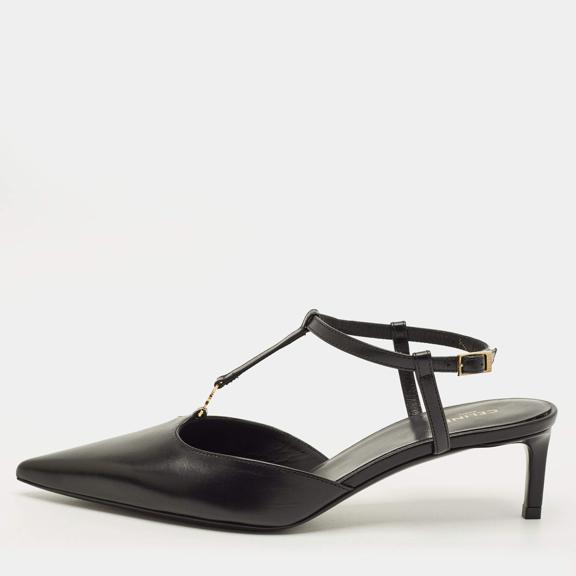 مملوكة مسبقًا حذاء كعب عالي سيلين جلد أسود بشعار حزام خلفي مقاس 37.5