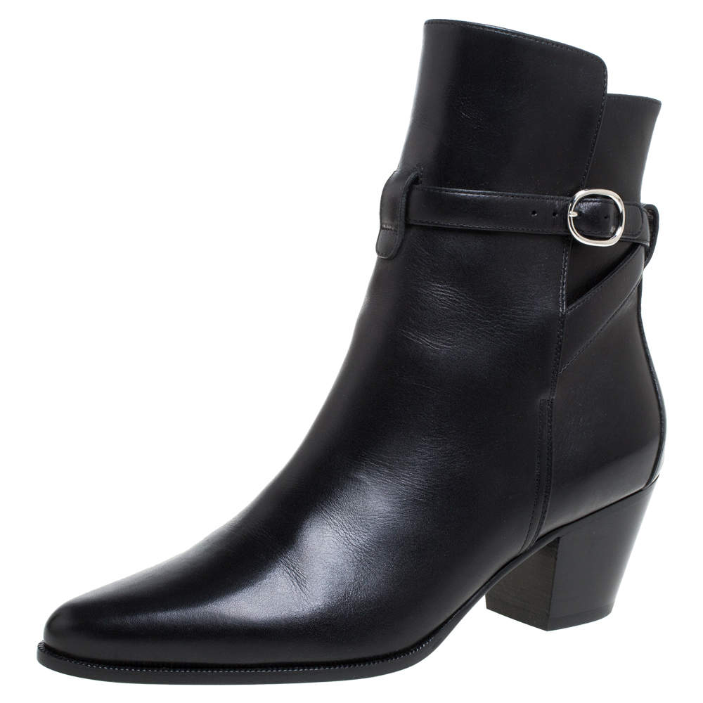 Pre Owned Celine Black Leather Block Heel Ankle Boots Size 37