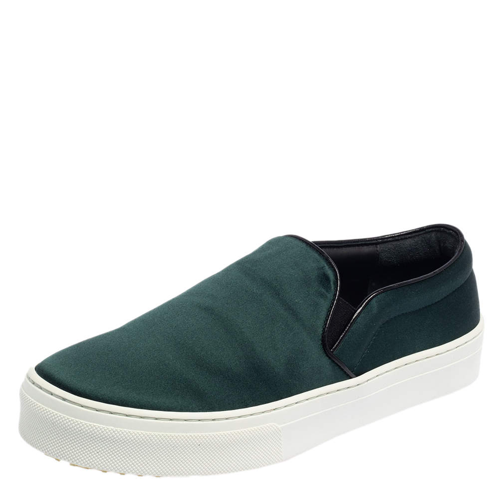 Pre Owned Celine Bottle Green Satin Slip On Sneakers Size 38