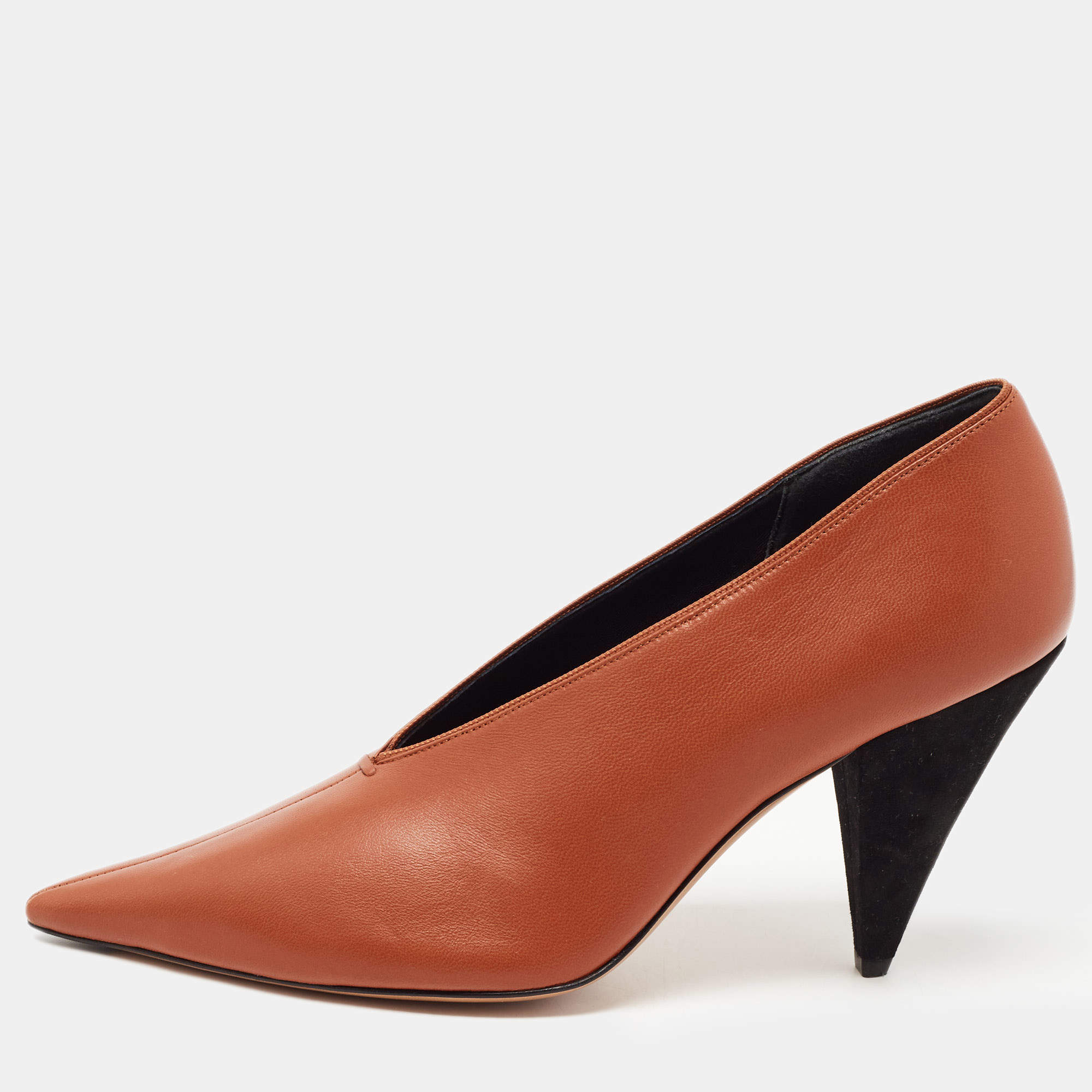 Pre Owned Celine Brown Leather V  Neck Pointed Toe Pumps Size 39.5