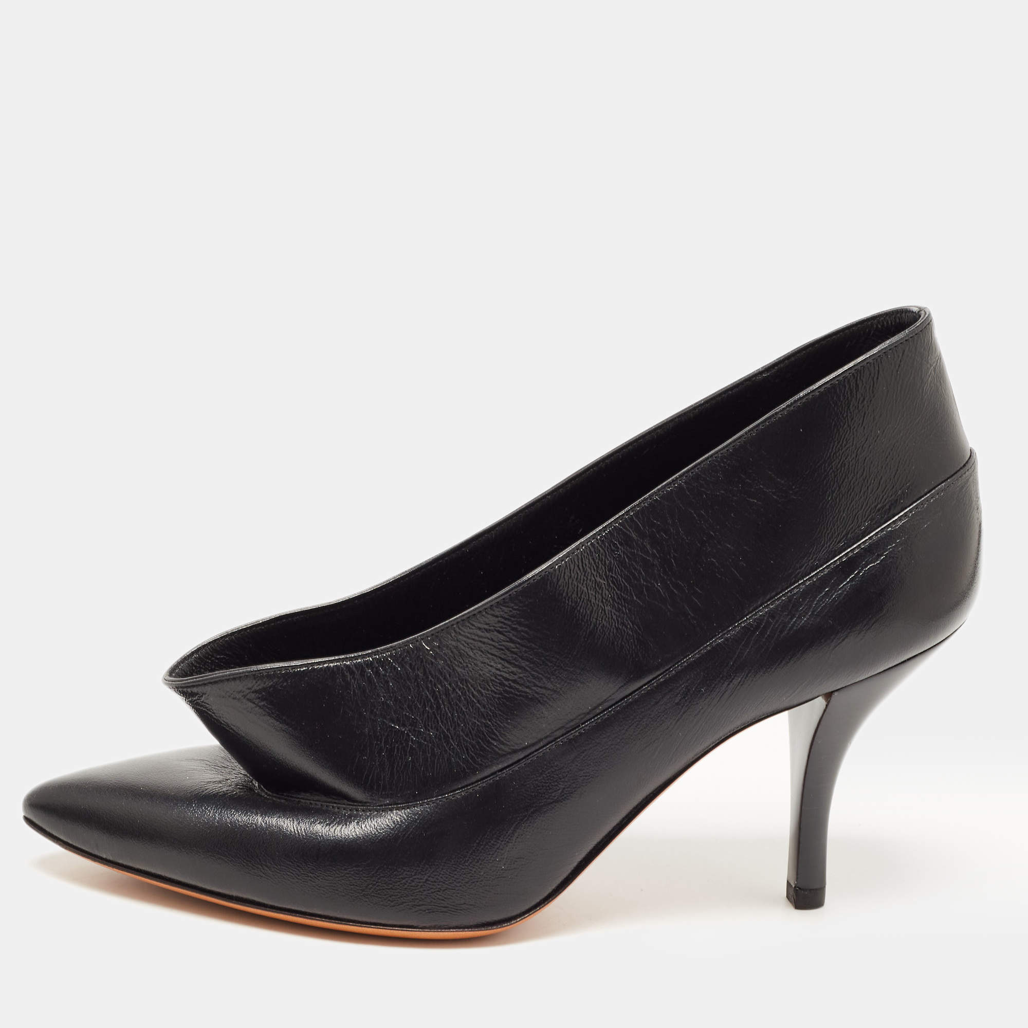 Pre Owned Celine Black Leather V Pointed Toe Pumps Size 38