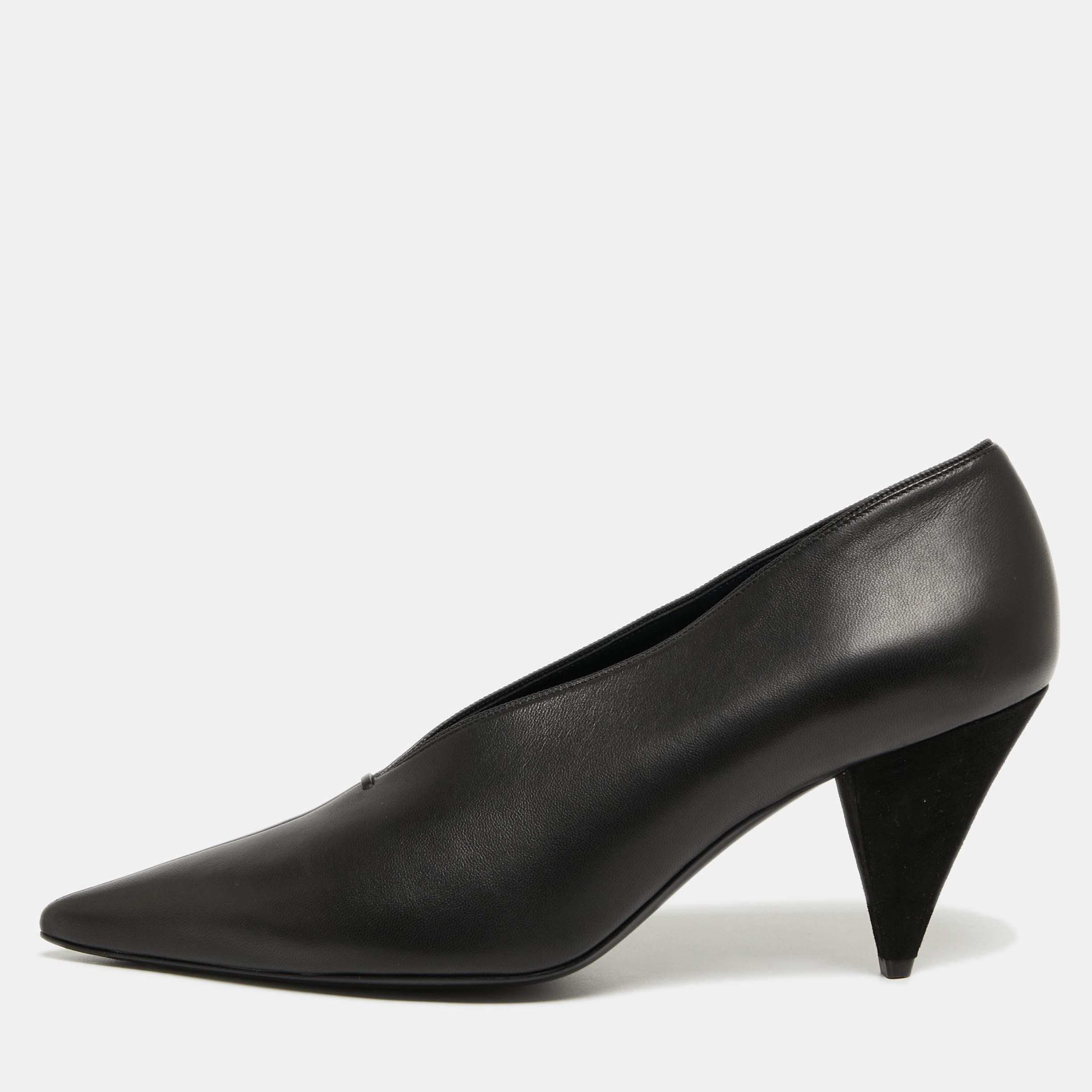 Celine Black Leather V Neck Pointed Toe Pumps Size 41