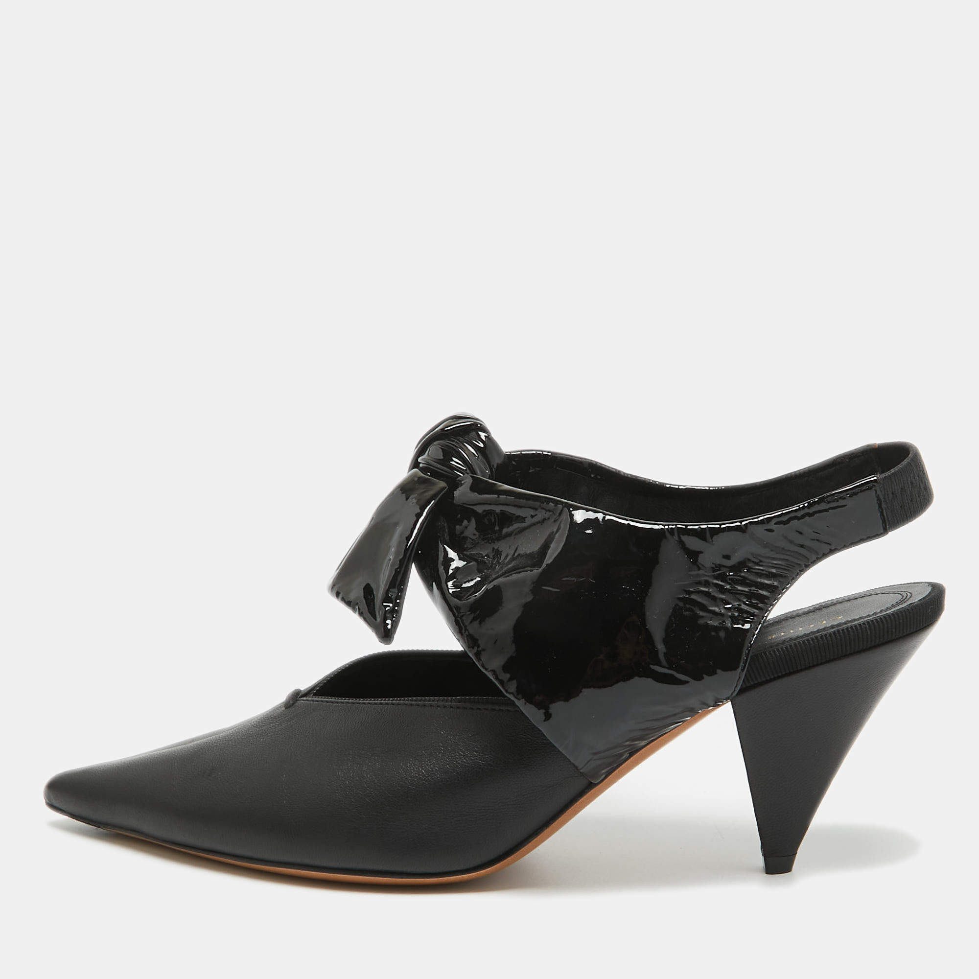 Pre Owned Celine Black Leather and Patent Bow Slingback Pumps Size 37.5