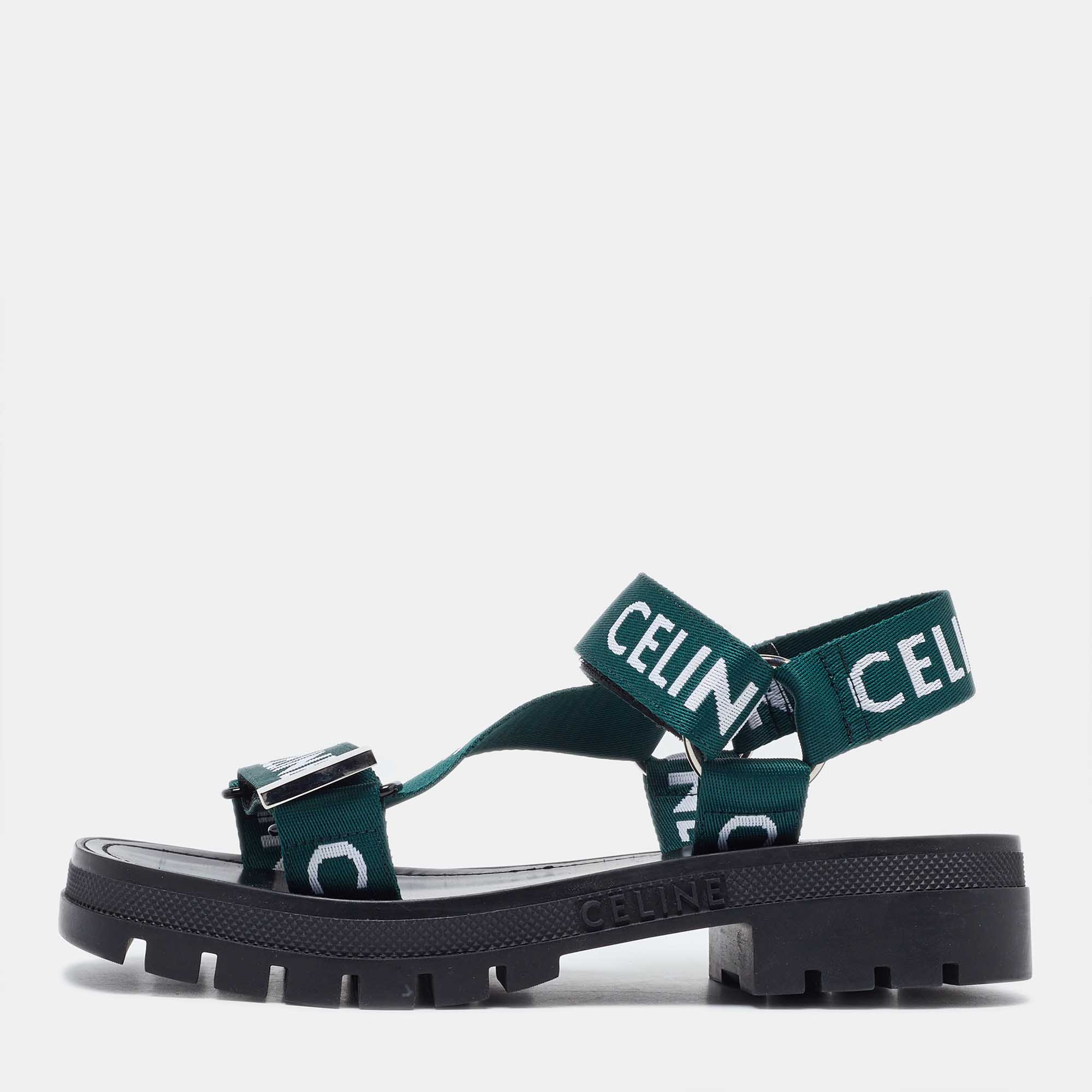 Pre Owned Celine Green/White Nylon Velcro Ankle Strap Sandals Size 40