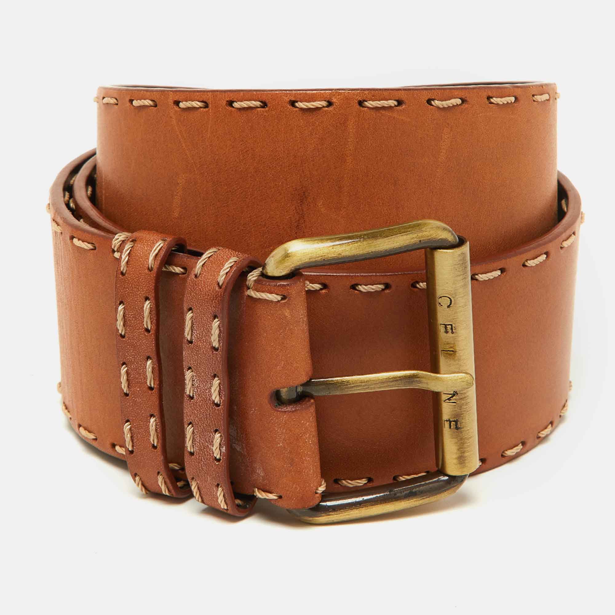 Pre Owned Celine Brown Leather Wide Buckle Belt M