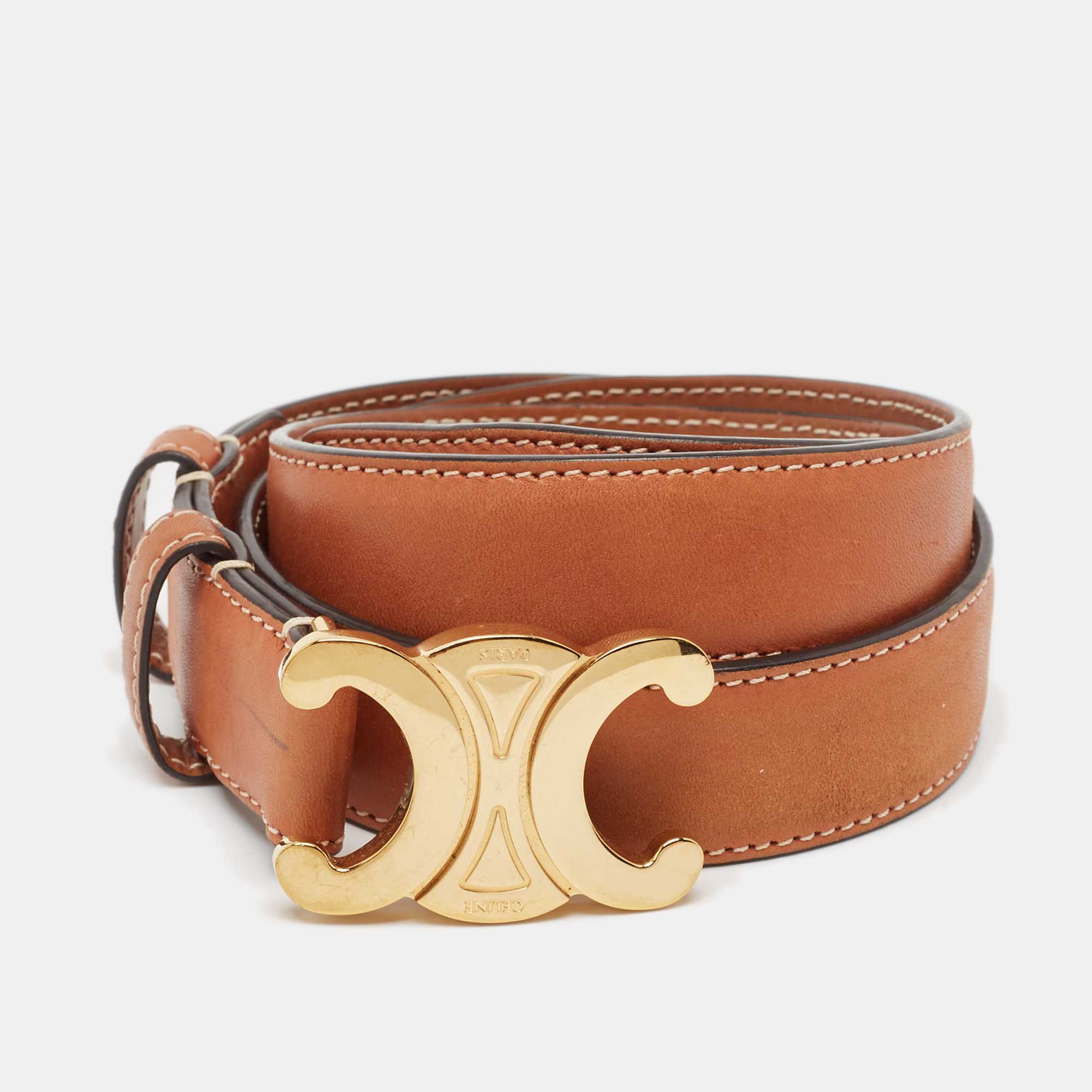 Celine Brown Leather Triomphe Logo Buckle Belt 70 CM